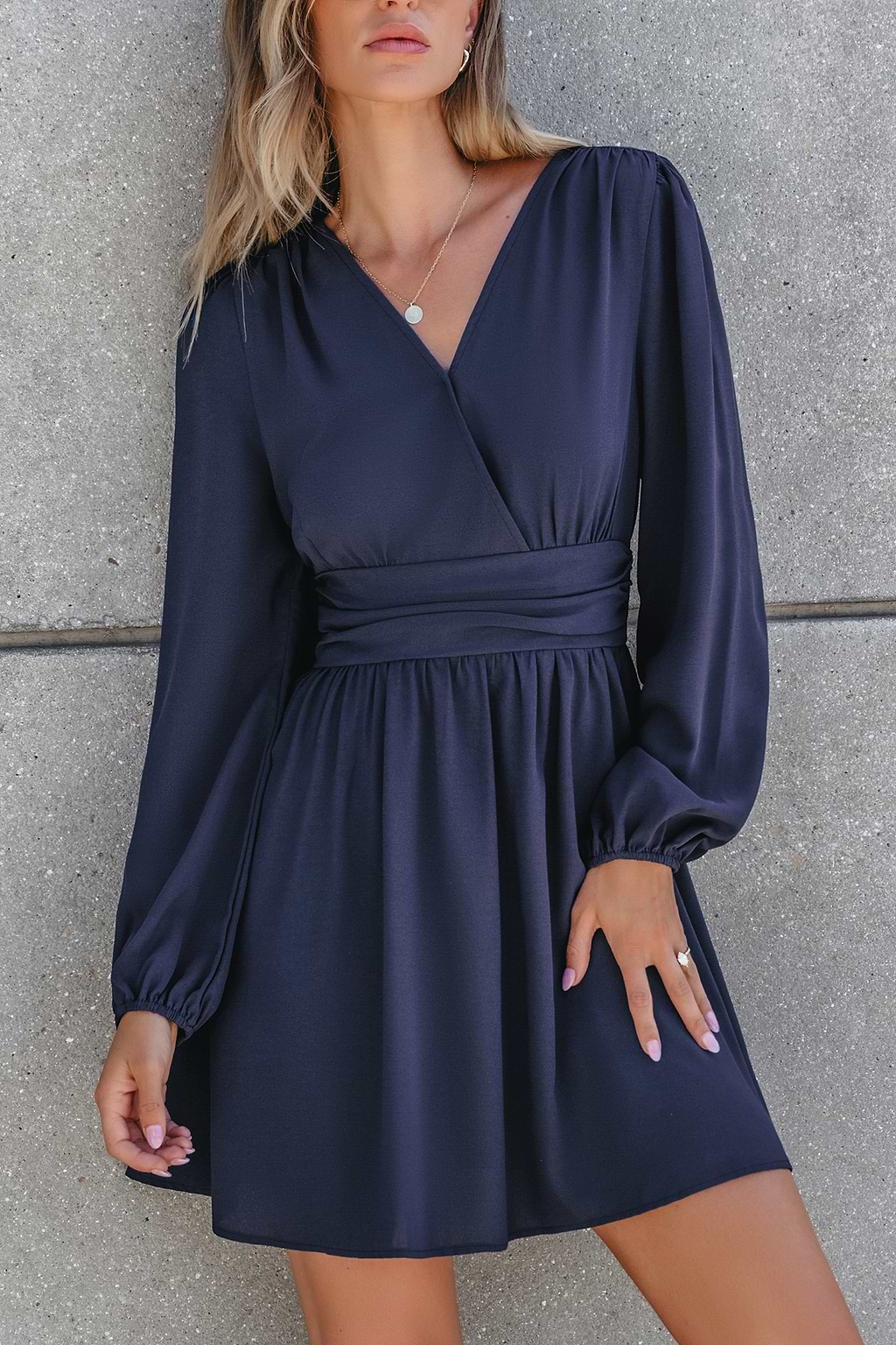 Navy Surplice Blouson Sleeve Ruched Waist Mini Dress