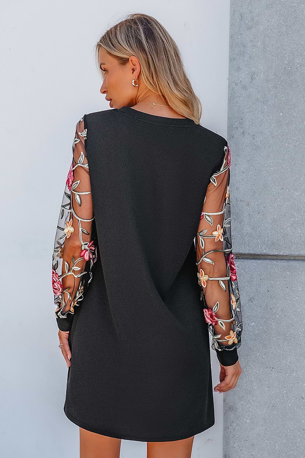 Black Embroidered Floral Sheer Sleeve Mini Dress
