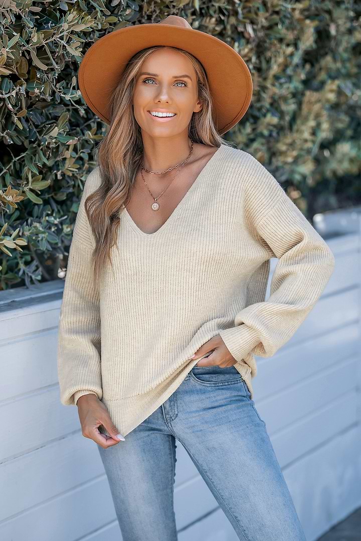Long Sleeve V-Neck Bow Sweater