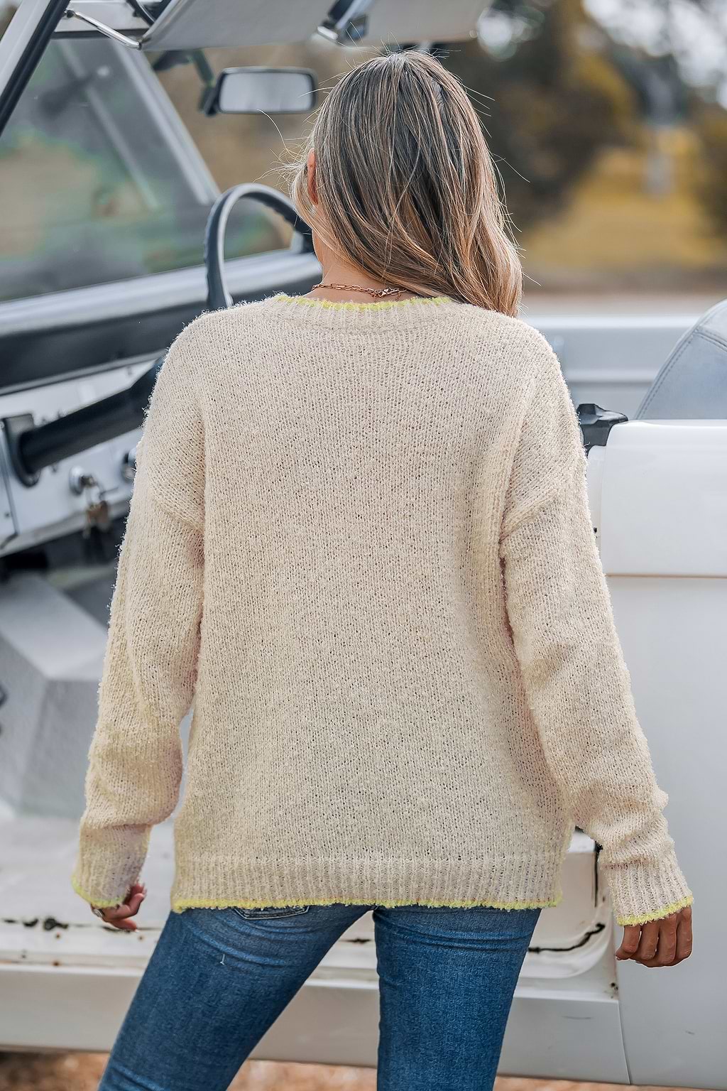 Beige V-Neck Long Sleeve Patch Pocket Sweater