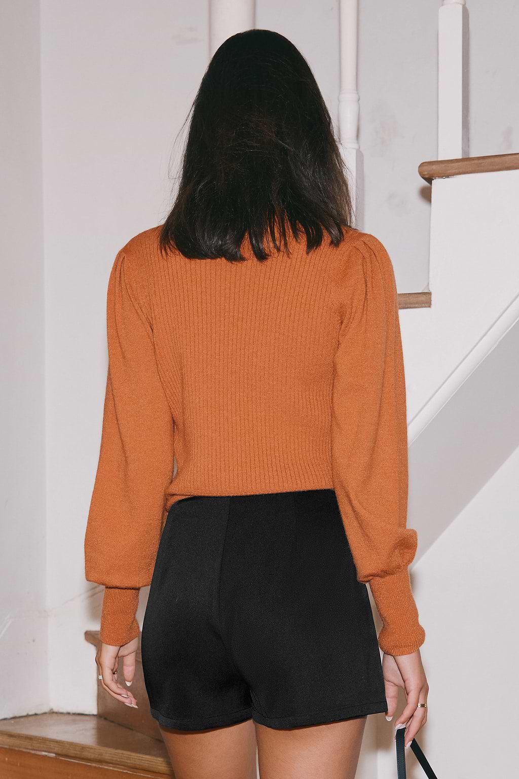 Burnt Orange High Neck Long Puff Sleeve Sweater Top