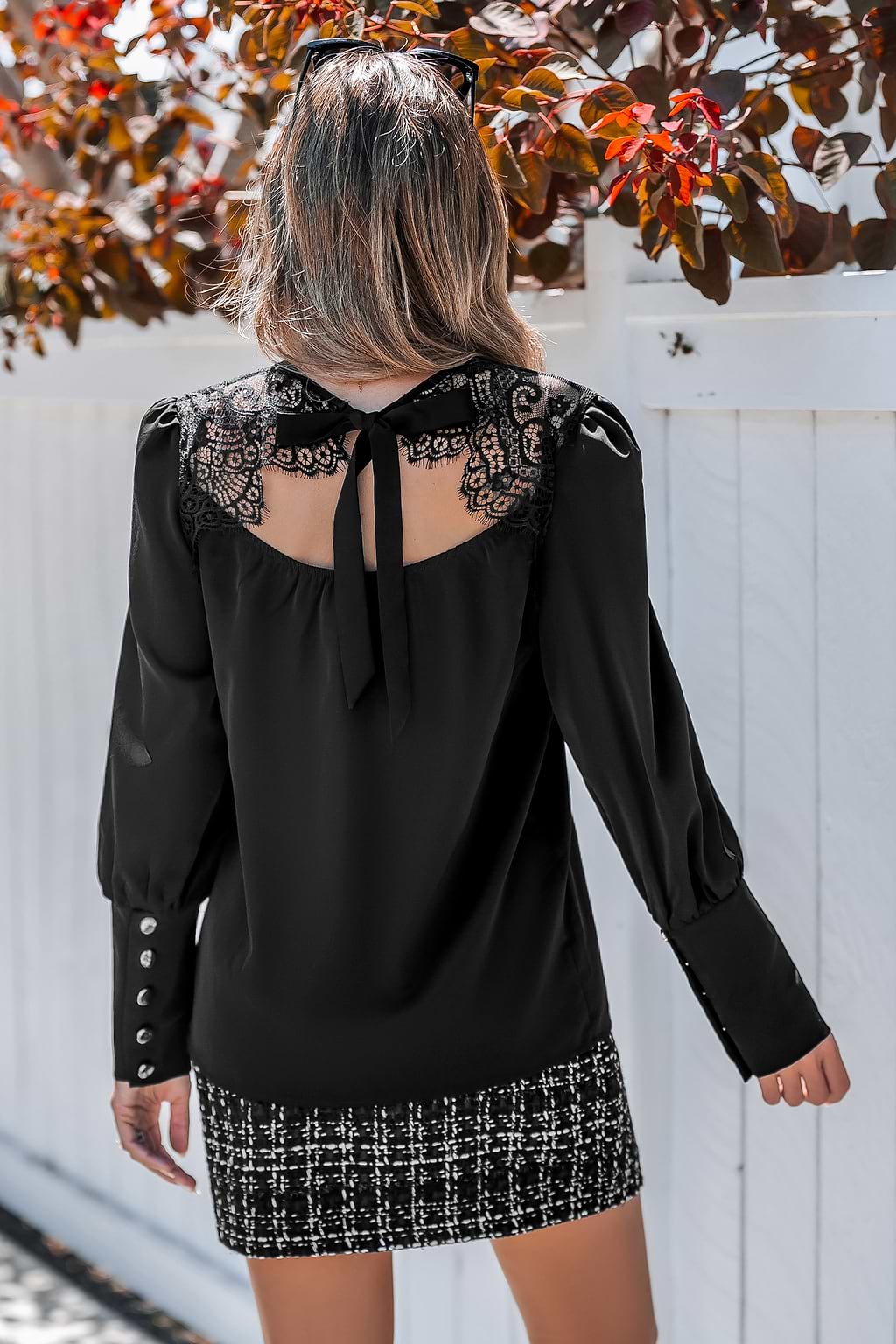 Black Boatneck Lace Cutout Long Sleeve Blouse