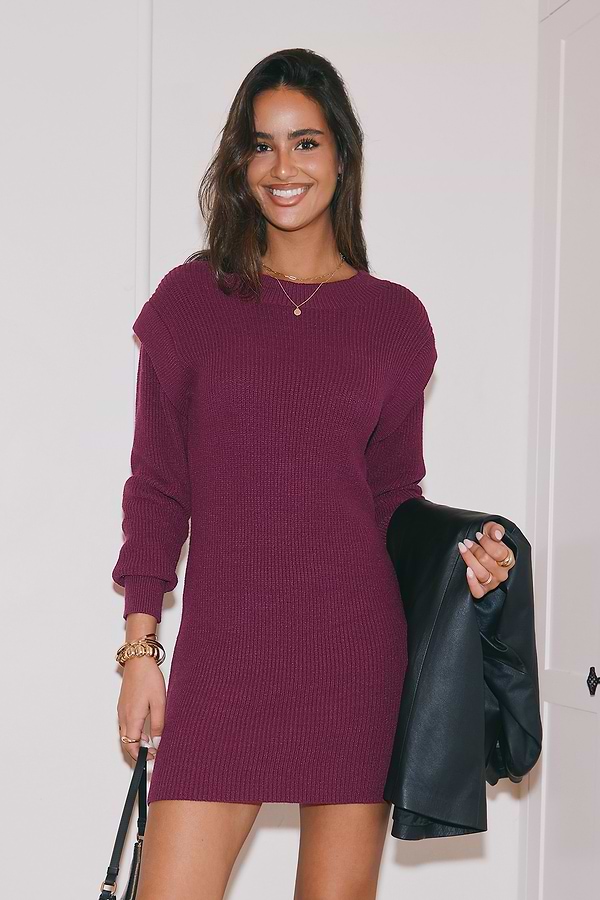 Grape Ribbed Knit Round Neck Long Sleeve Mini Dress | Bold and Chic | Cupshe