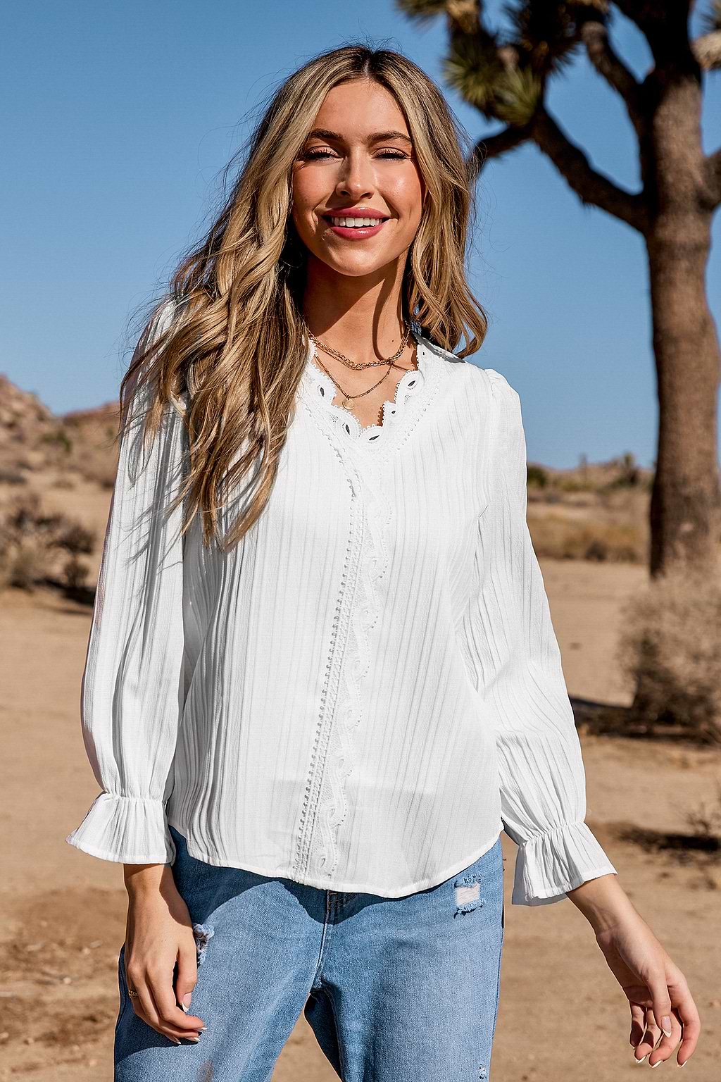 White Lace Blouson Sleeve Ruffle Cuff Top