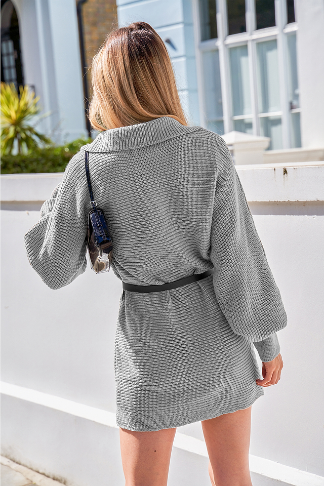 Grey Collared Dolman Sleeve Mini Sweater Dress | Cozy Chic Style | Cupshe