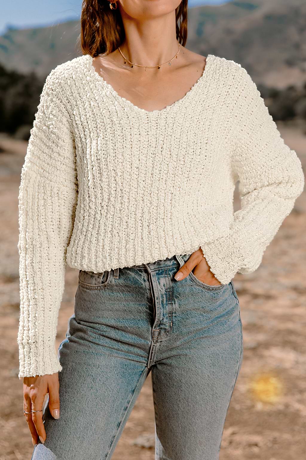 Ivory Scoop Neck Drop Shoulder Long Sleeve Sweater