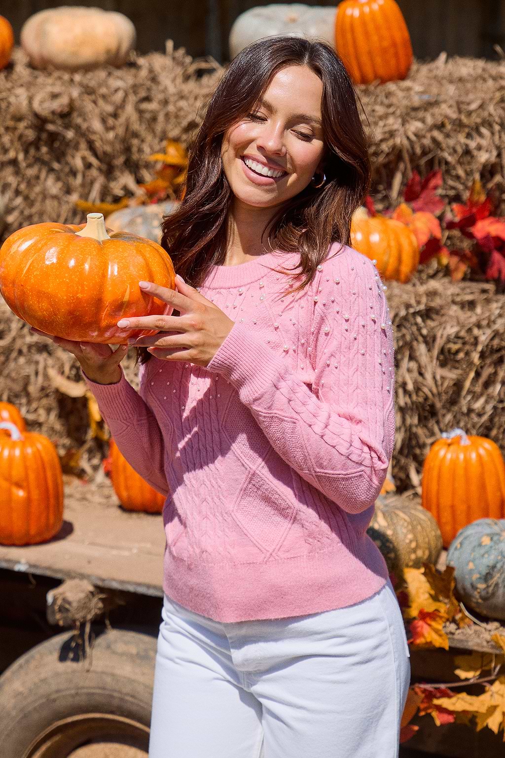 Pink Round Neck Beaded Sweater