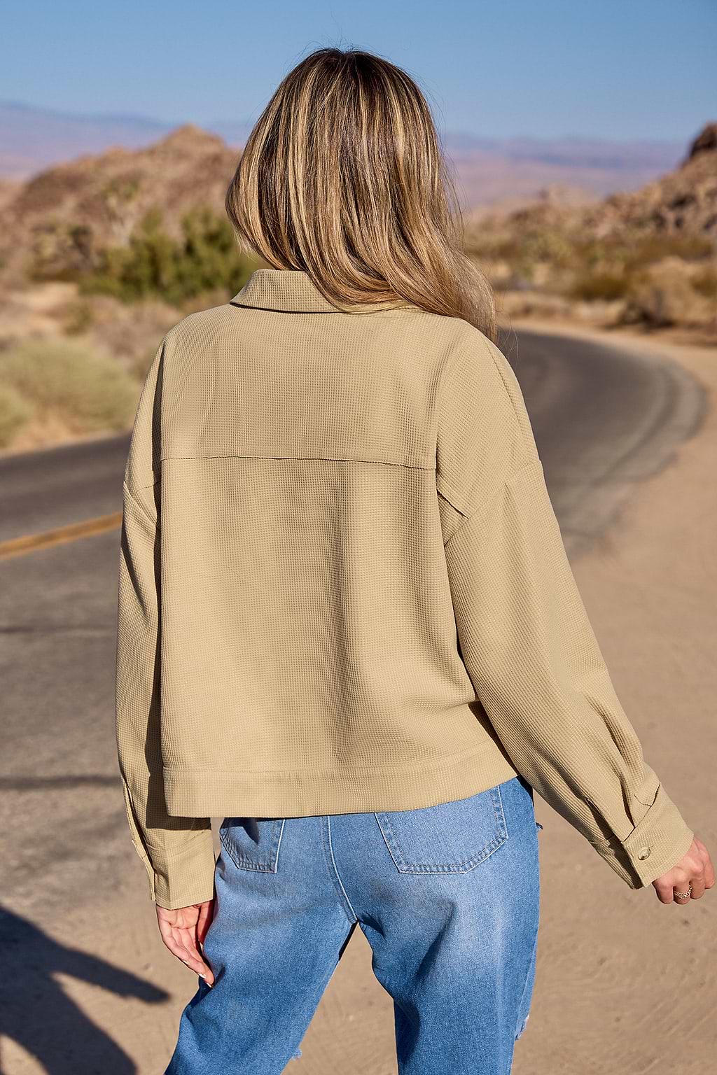 Woven Khaki Waffle Collared Button-Up Jacket