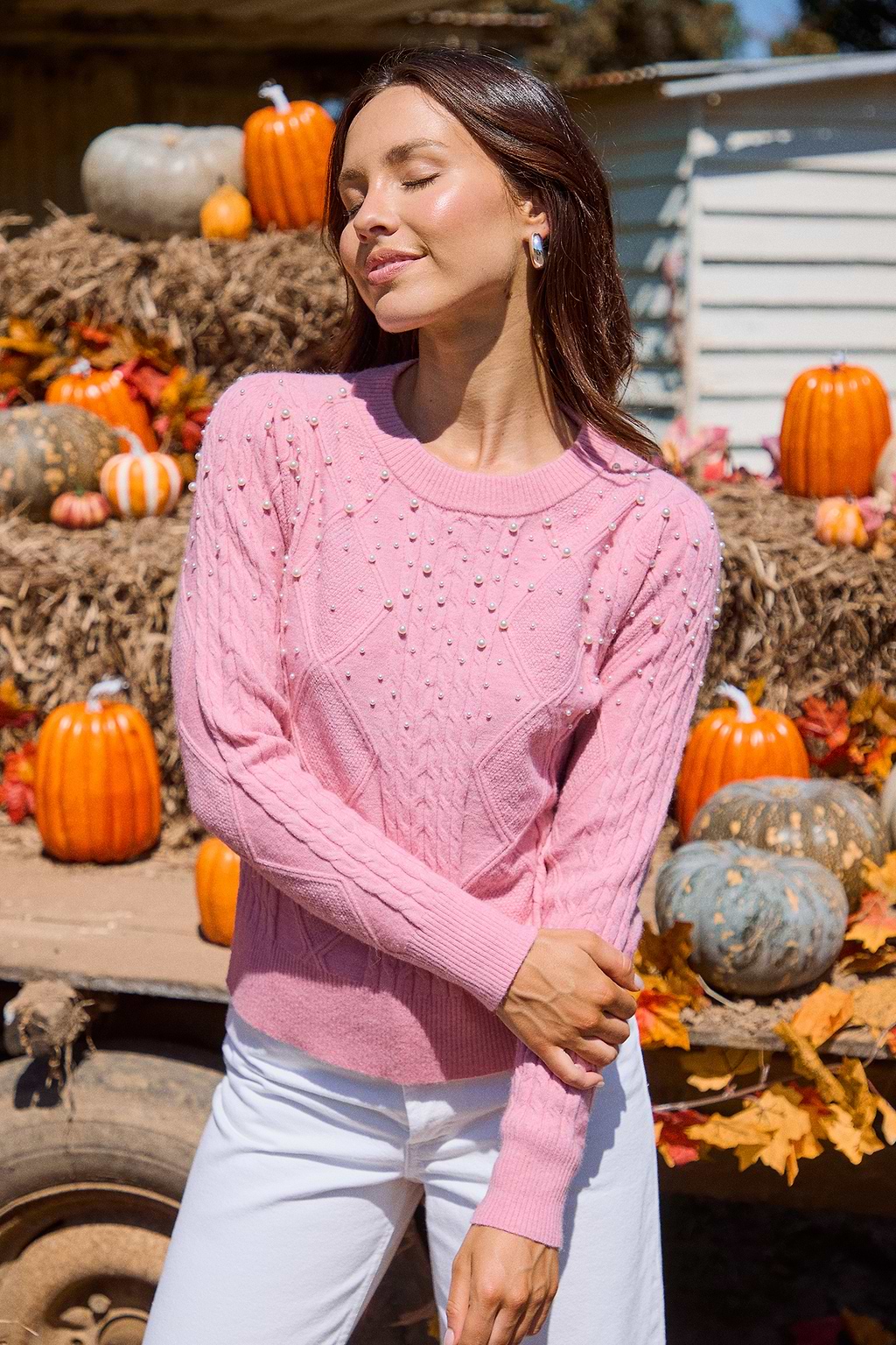 Pink Round Neck Beaded Sweater