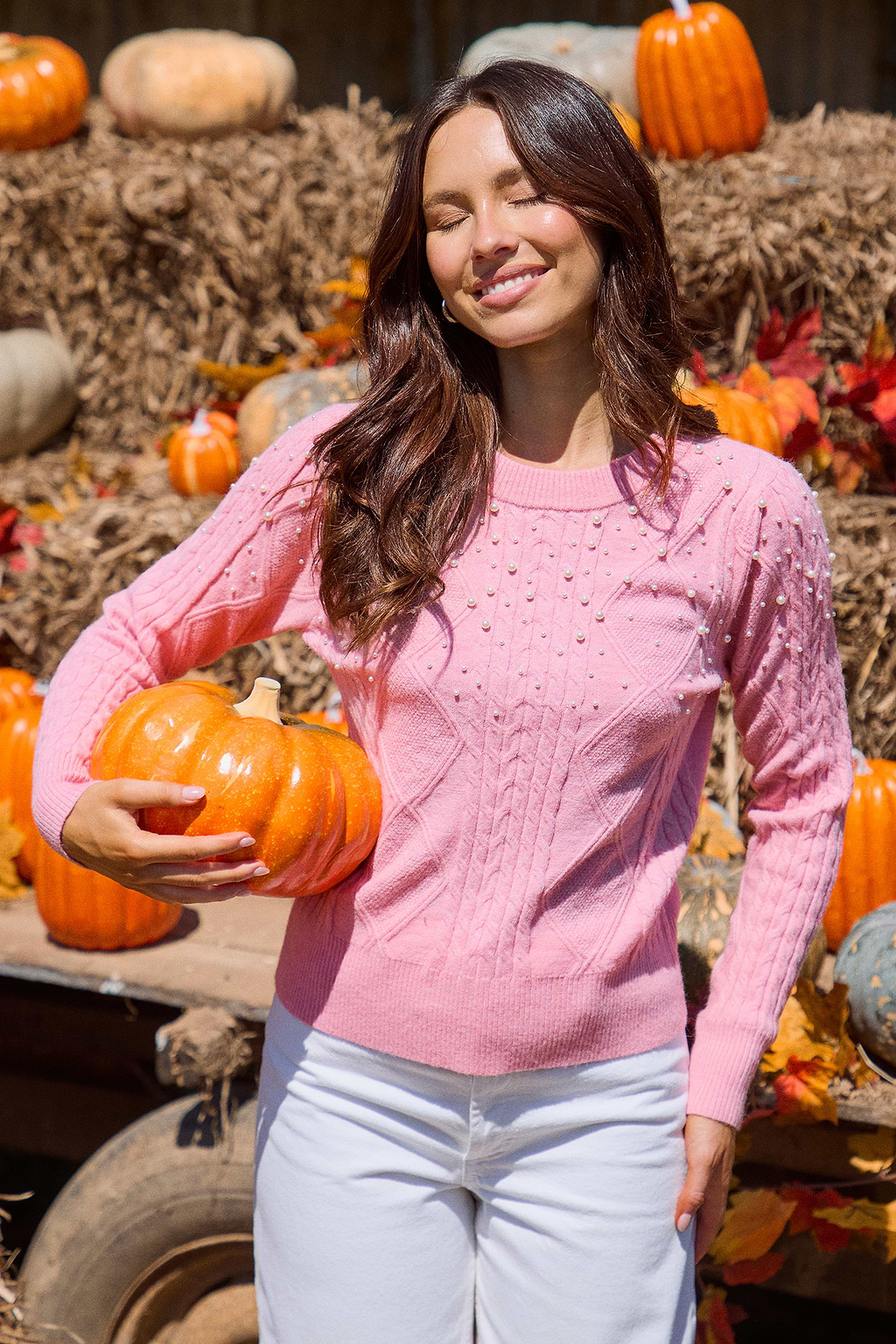 Pink Round Neck Beaded Sweater