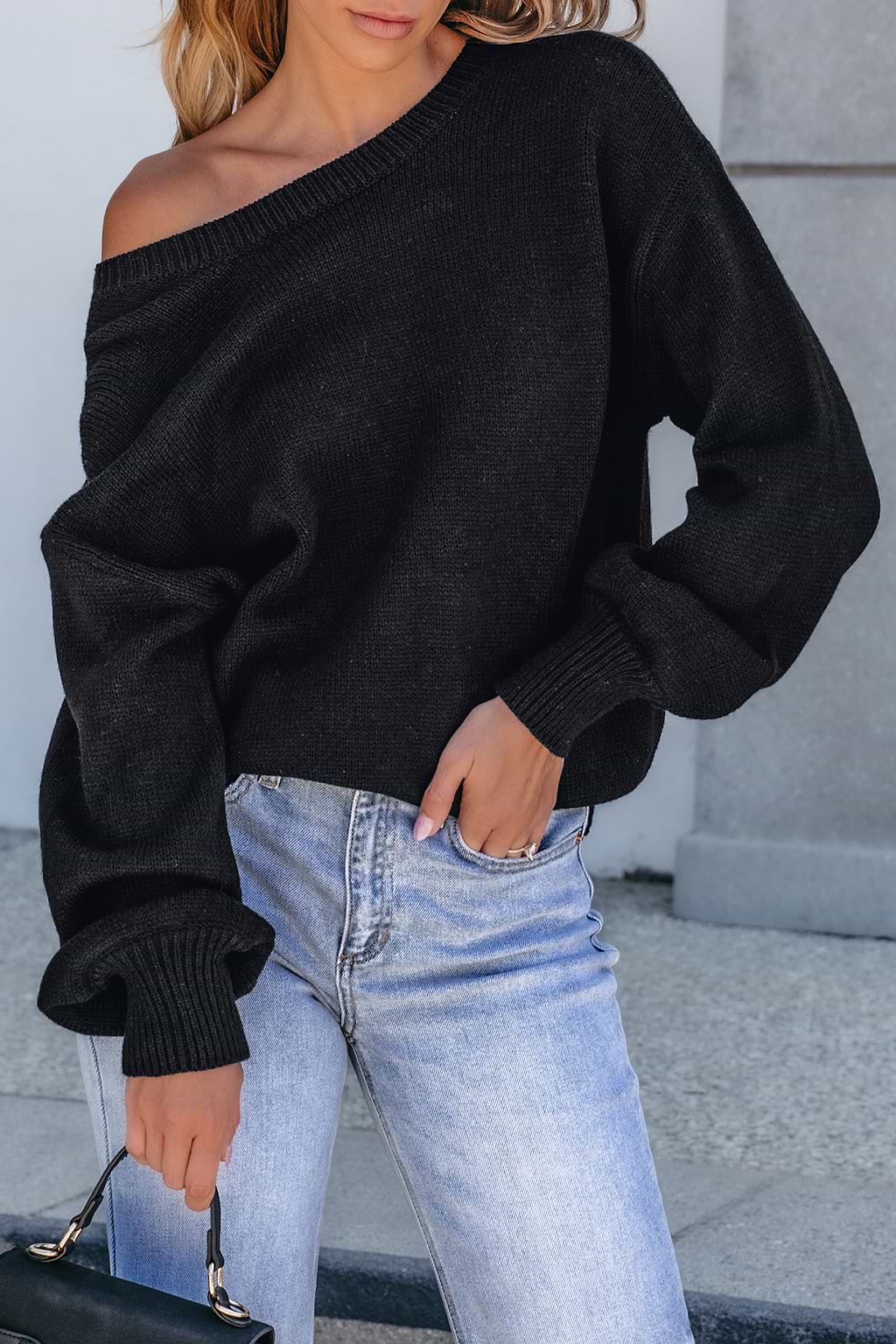 Black Boatneck Long Sleeve Open Back Sweater