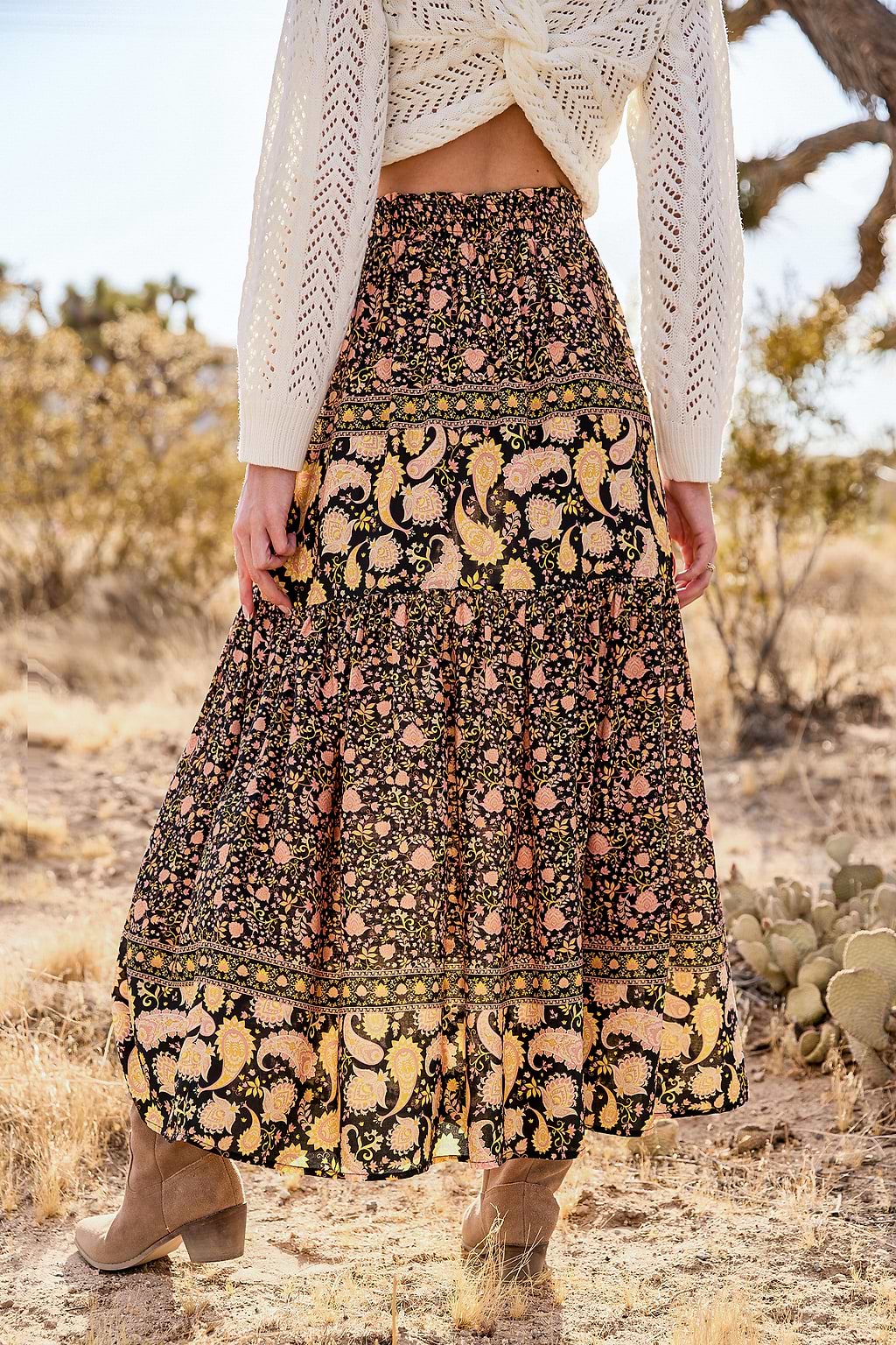 Black Ditsy & Paisley Smocked Waist Maxi Skirt