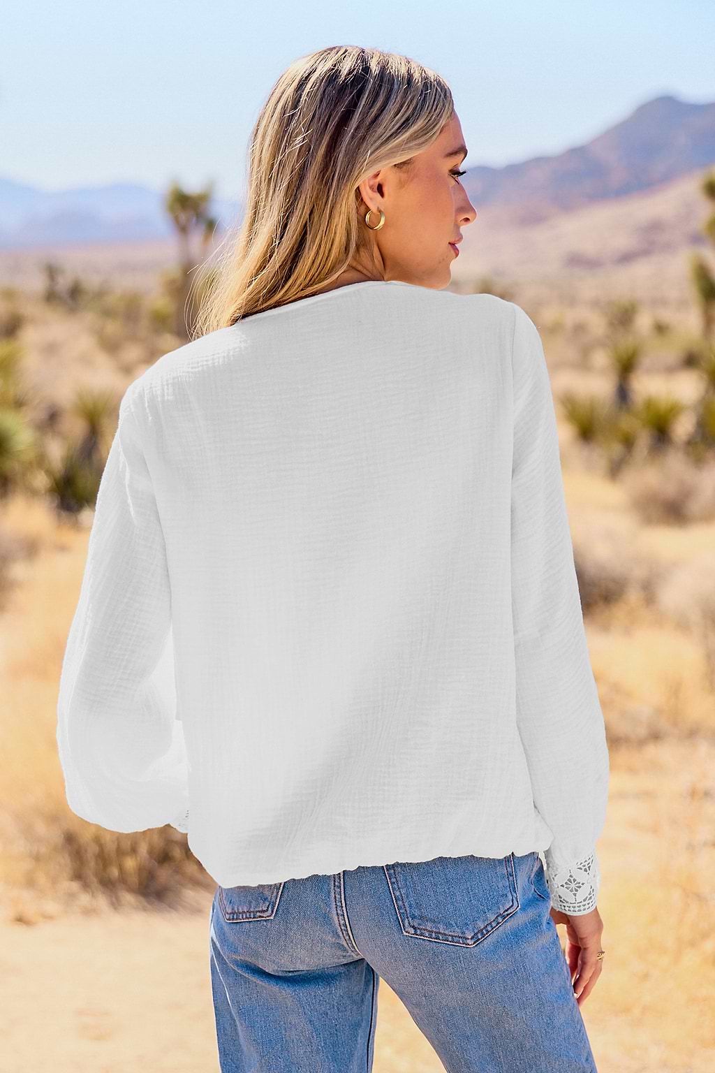 White Lace Trim V-Neck Long Sleeve Blouse