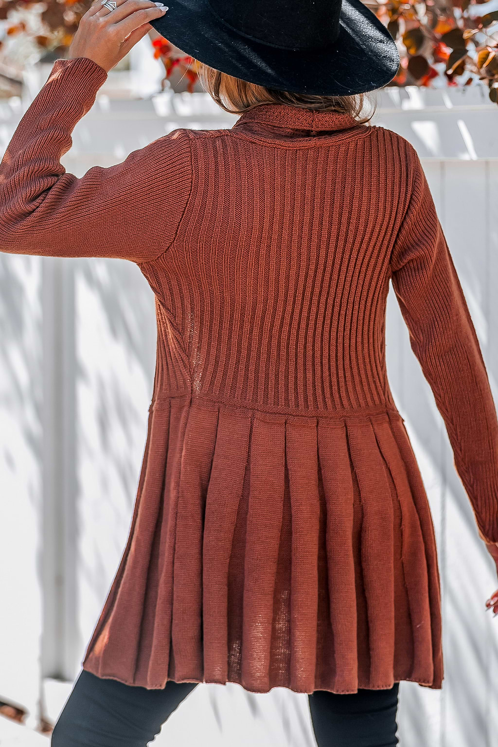 Brown Open Front Long Sleeve Pleated Back Longline Cardigan