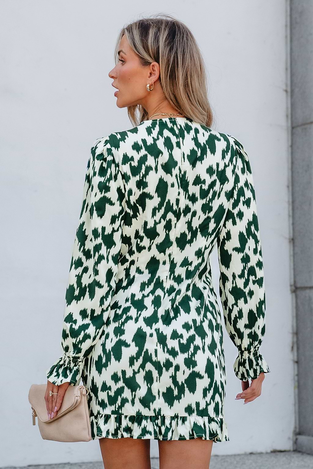 Green Abstract Leopard Print Poet Sleeve Shirred Mini Dress