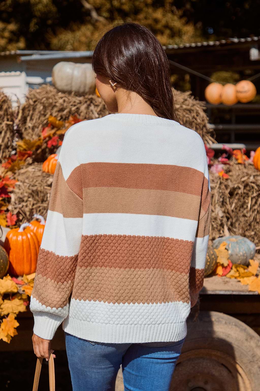 Pull marron et blanc à col rond et manches longues avec rayures