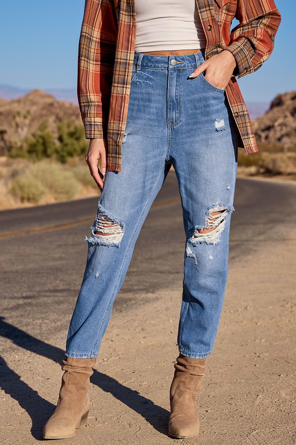 Faded Whiskered Destroyed Denim Jeans