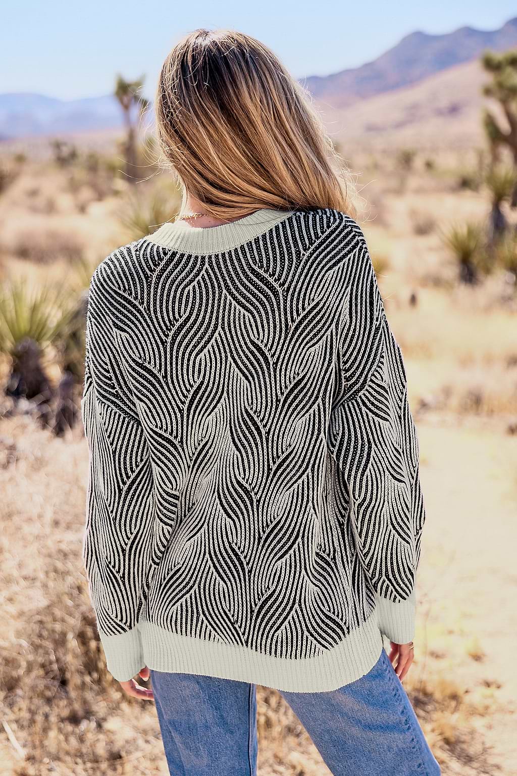 Black and White Braided Round Neck Long Sleeve Sweater