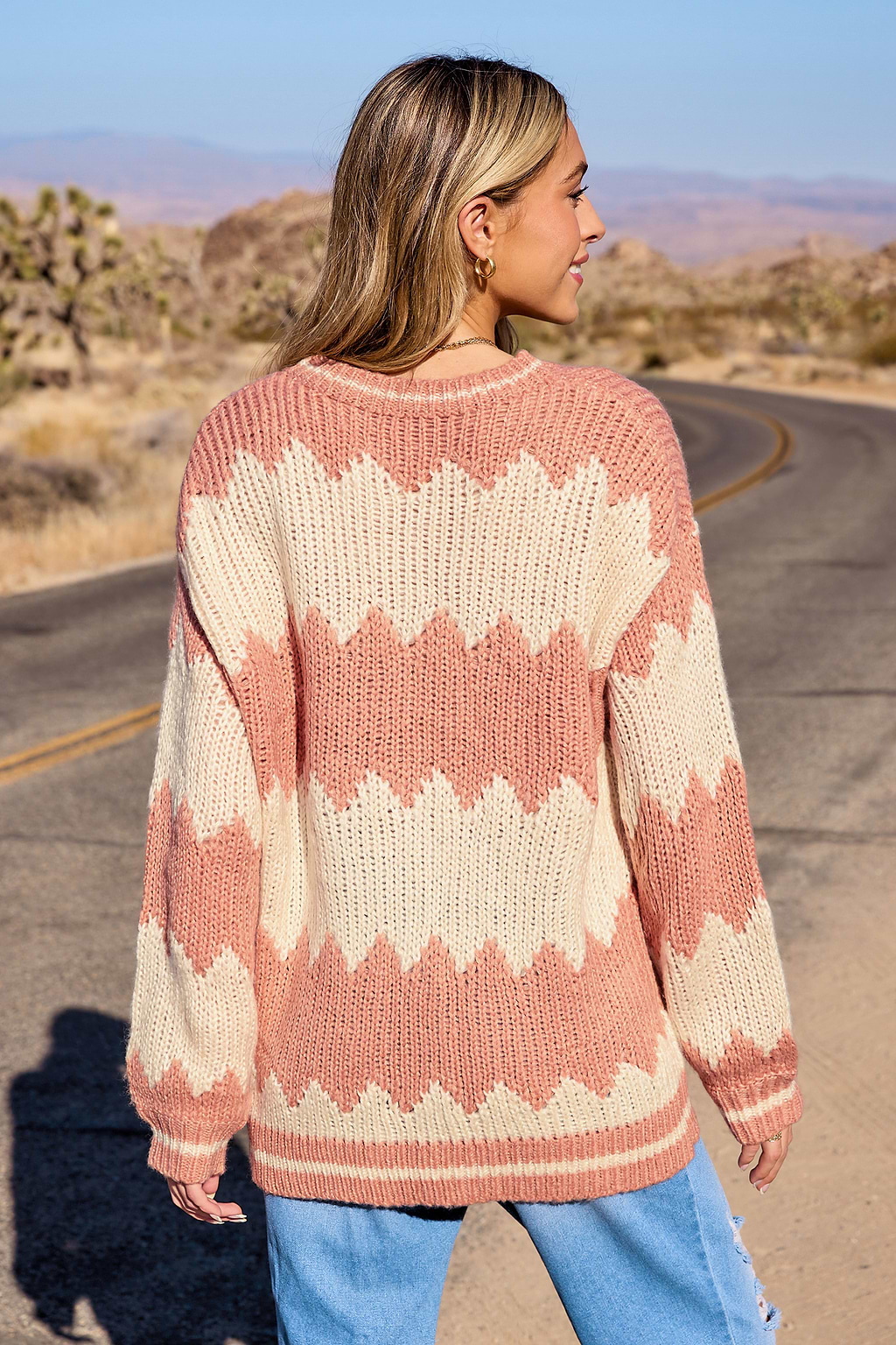 Striped Round Neck Puff Sleeve Crochet Sweater