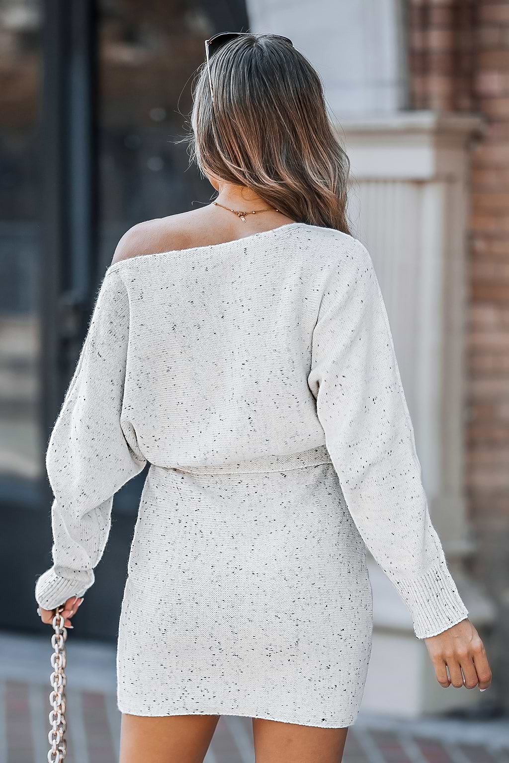 Speckled Neutral Knit Off-Shoulder Mini Sweater Dress