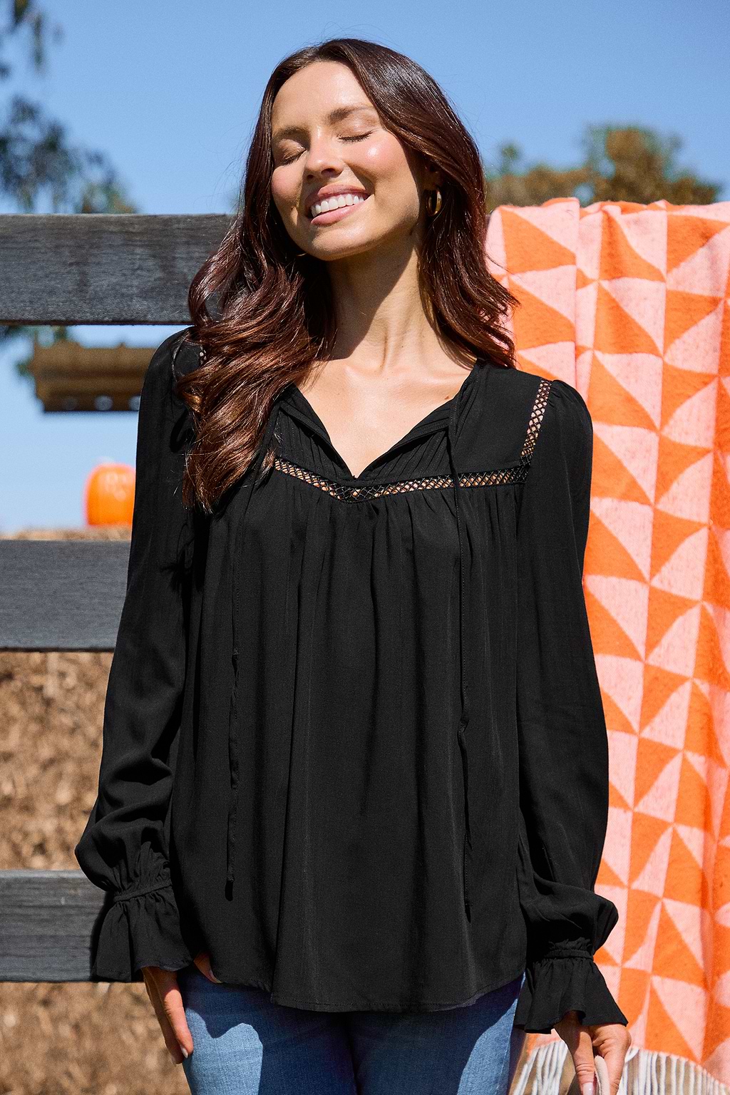 Black Split Neck Blouson Sleeve Top