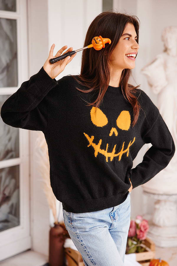 Black Evil Jack-O-Lantern Long Sleeve Sweater
