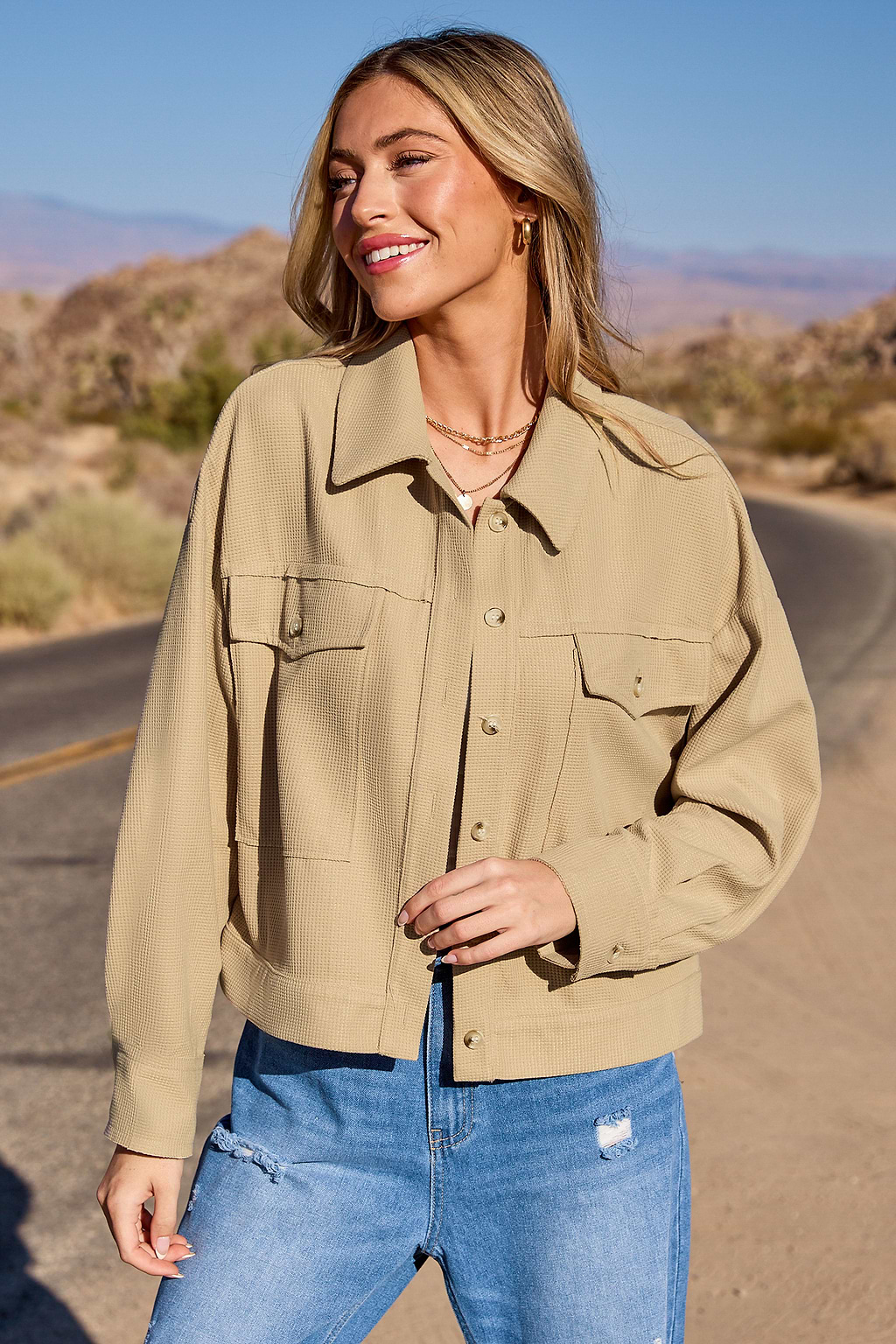 Woven Khaki Waffle Collared Button-Up Jacket
