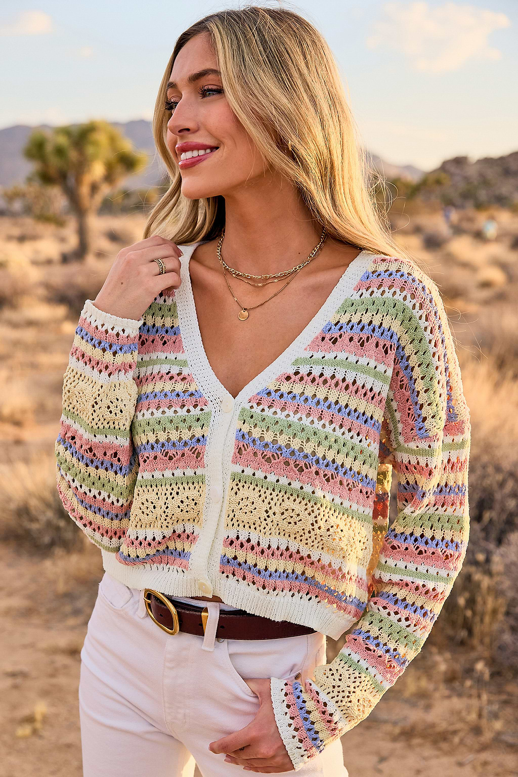 Colorblock Cut-Out Button-Up Cropped Cardigan