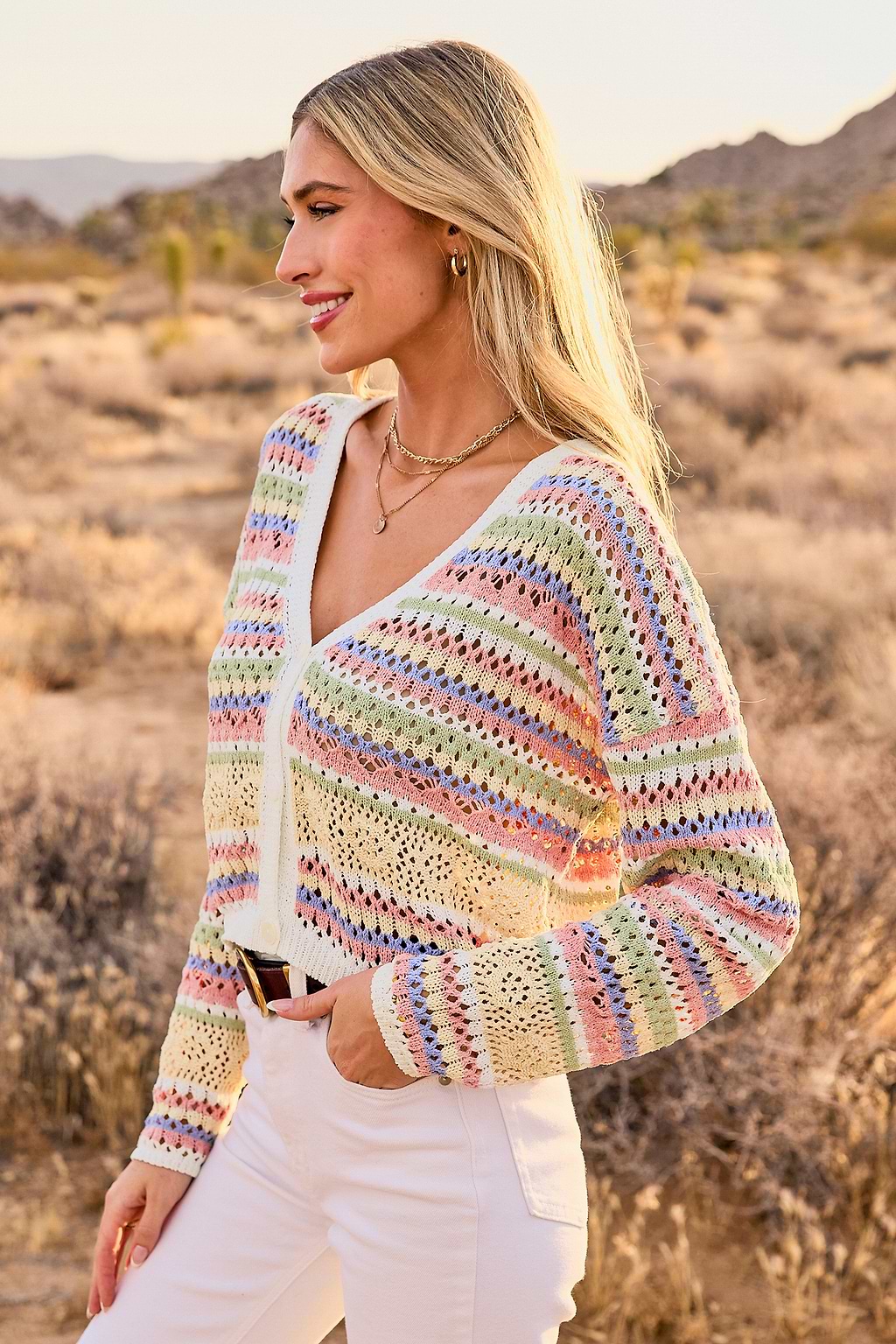 Colorblock Cut-Out Button-Up Cropped Cardigan