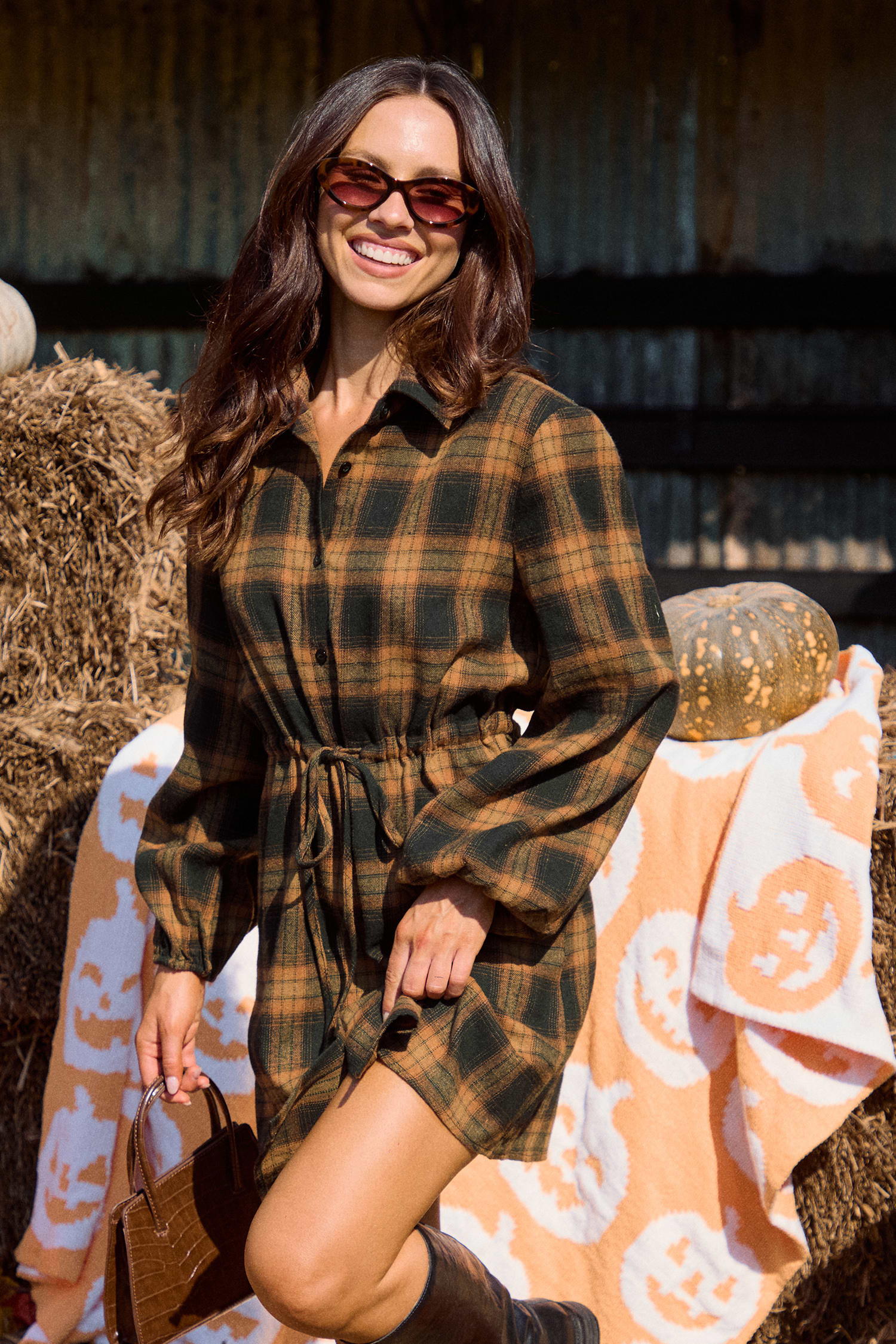 Orange Plaid Collared Long Sleeve Button Up Mini Shirt Dress
