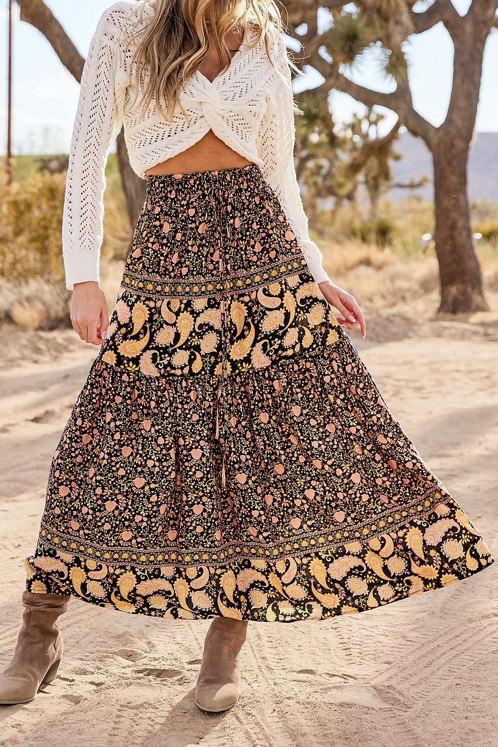 Black Ditsy & Paisley Smocked Waist Maxi Skirt