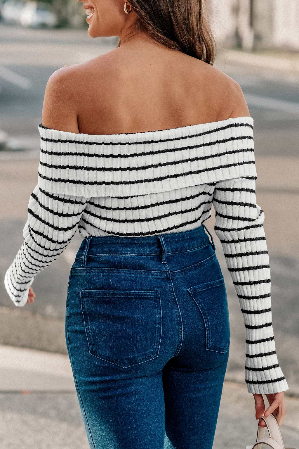 Striped Off-Shoulder Long Sleeve Sweater Top