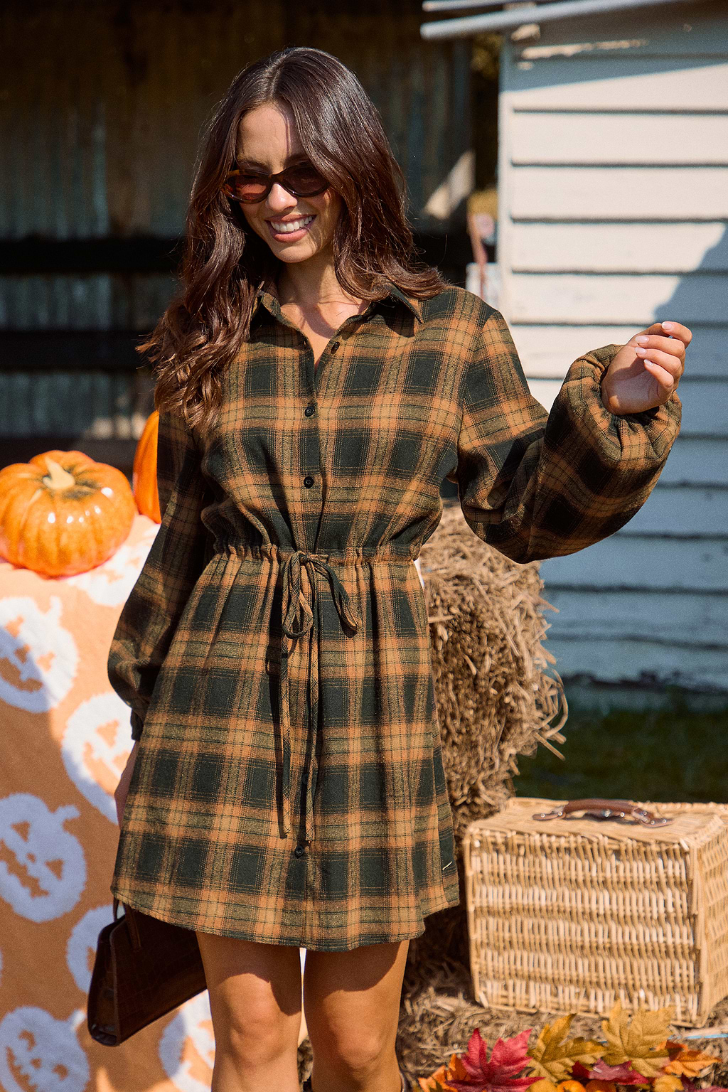 Orange Plaid Collared Long Sleeve Button Up Mini Shirt Dress