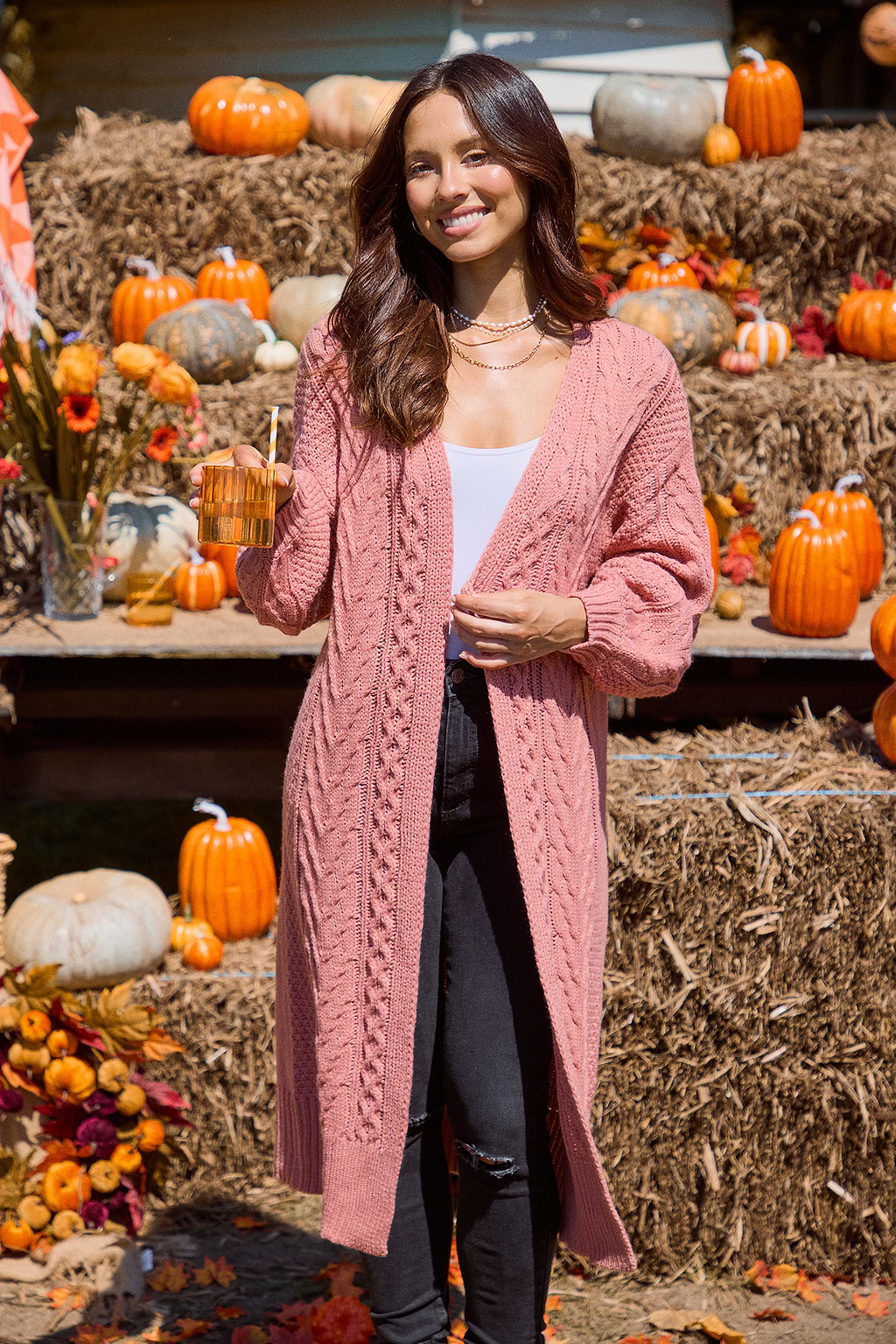 Coral Open Front Long Sleeve Cable Knit Longline Cardigan