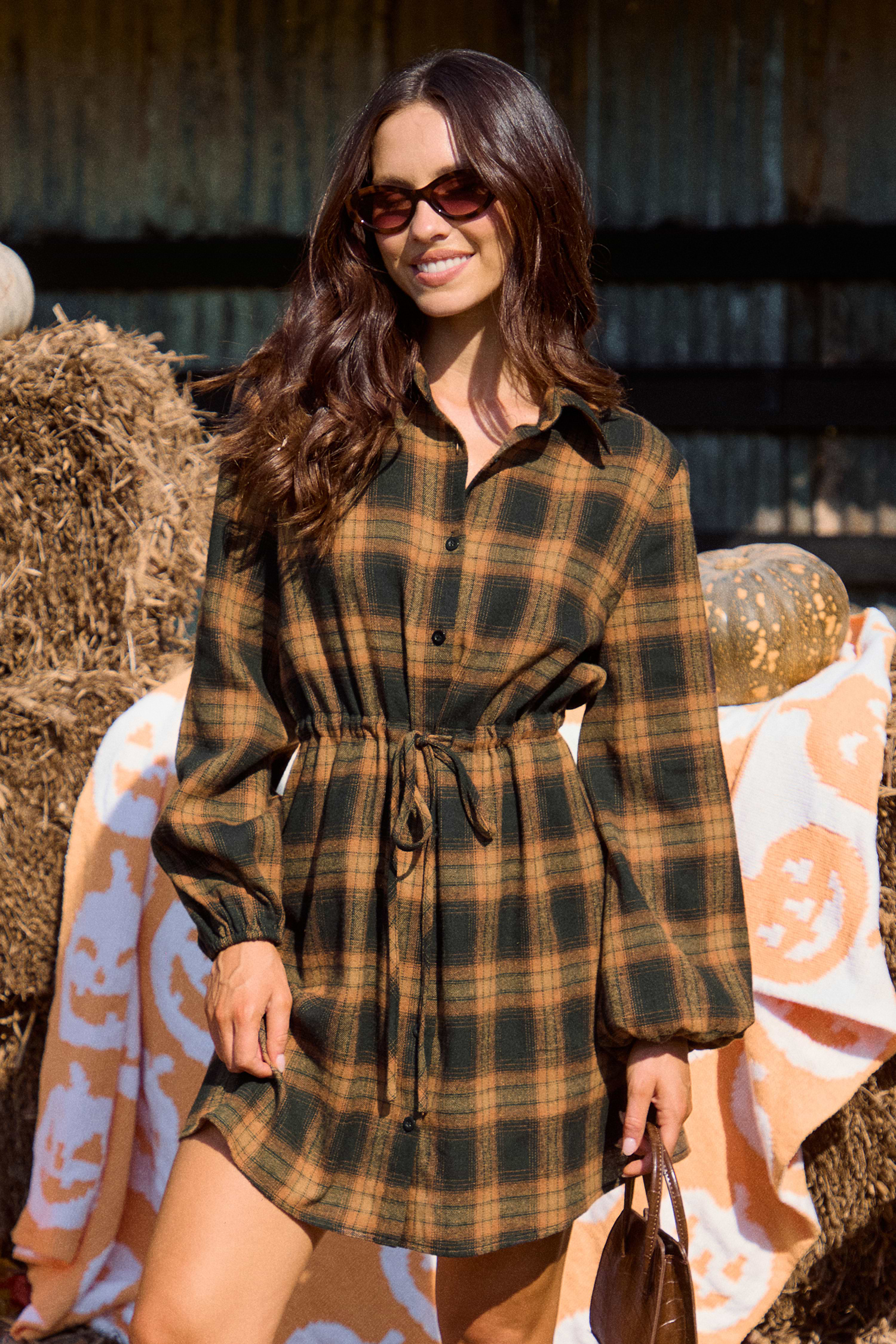 Orange Plaid Collared Long Sleeve Button Up Mini Shirt Dress