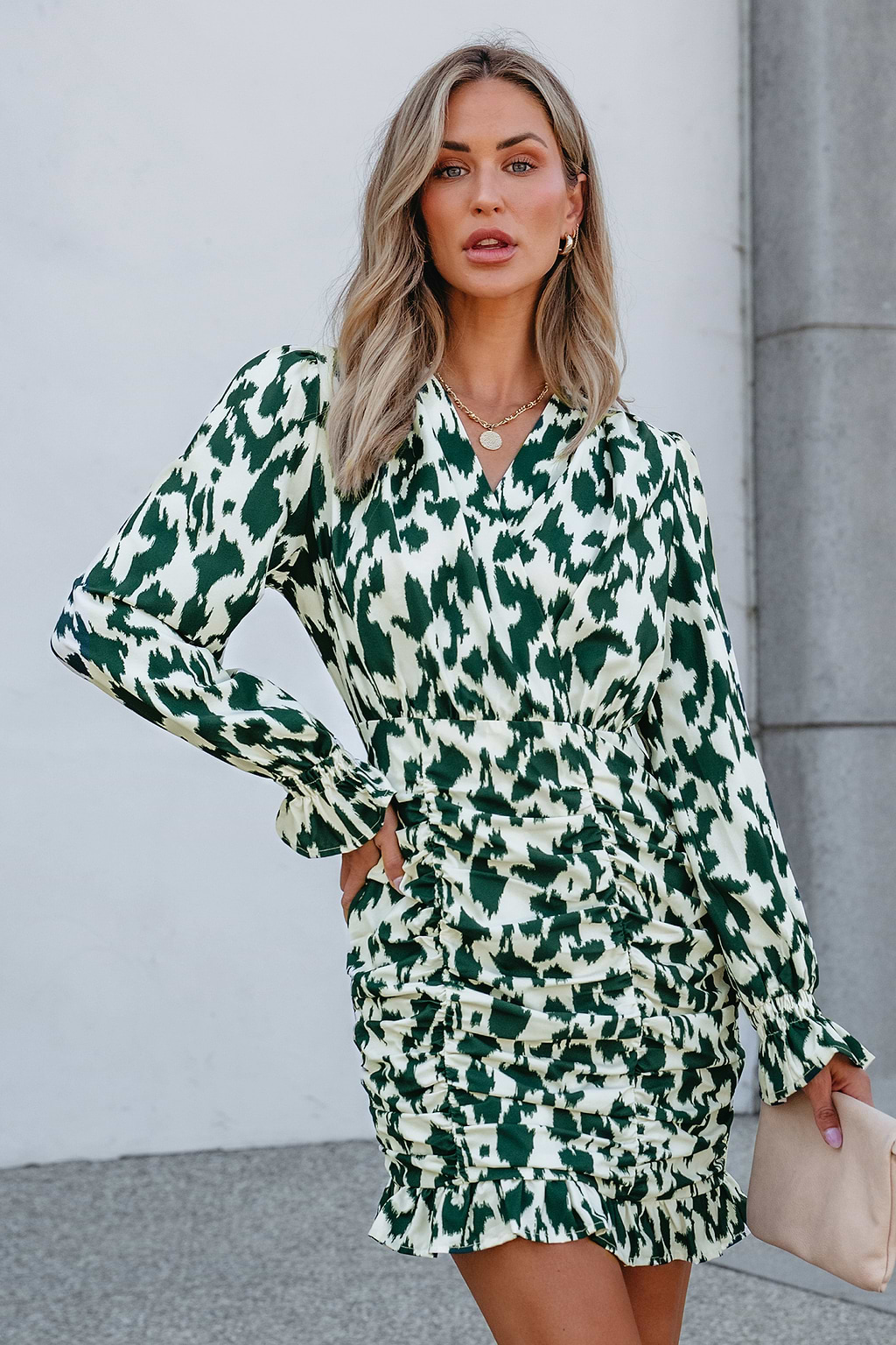 Green Abstract Leopard Print Poet Sleeve Shirred Mini Dress