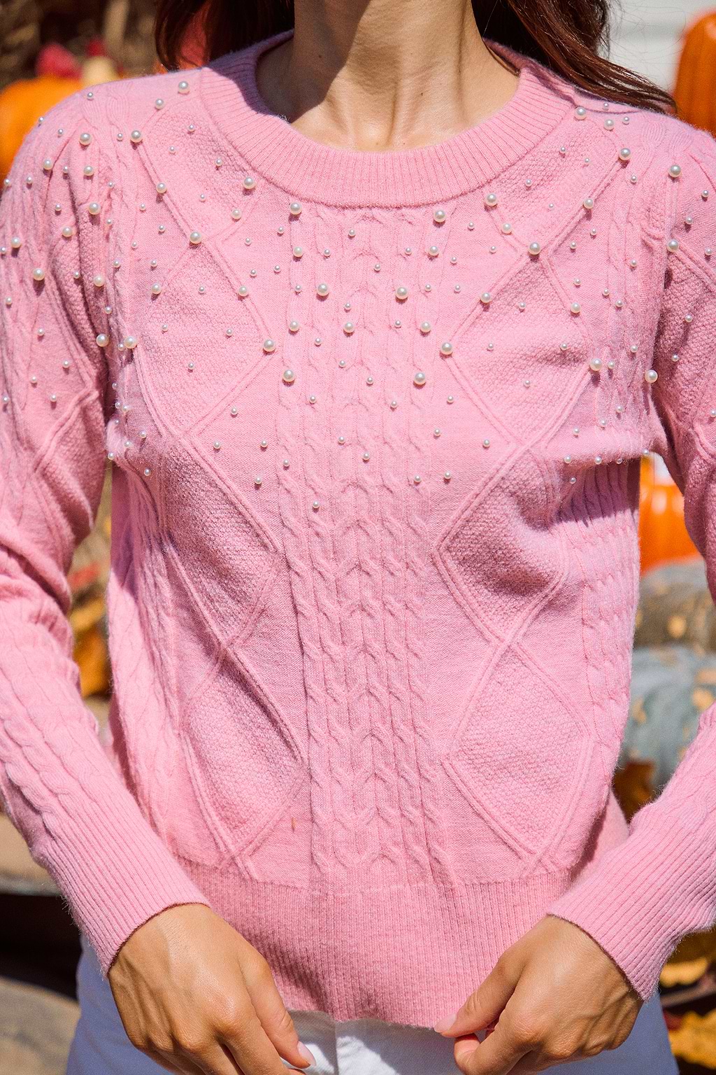 Pink Round Neck Beaded Sweater