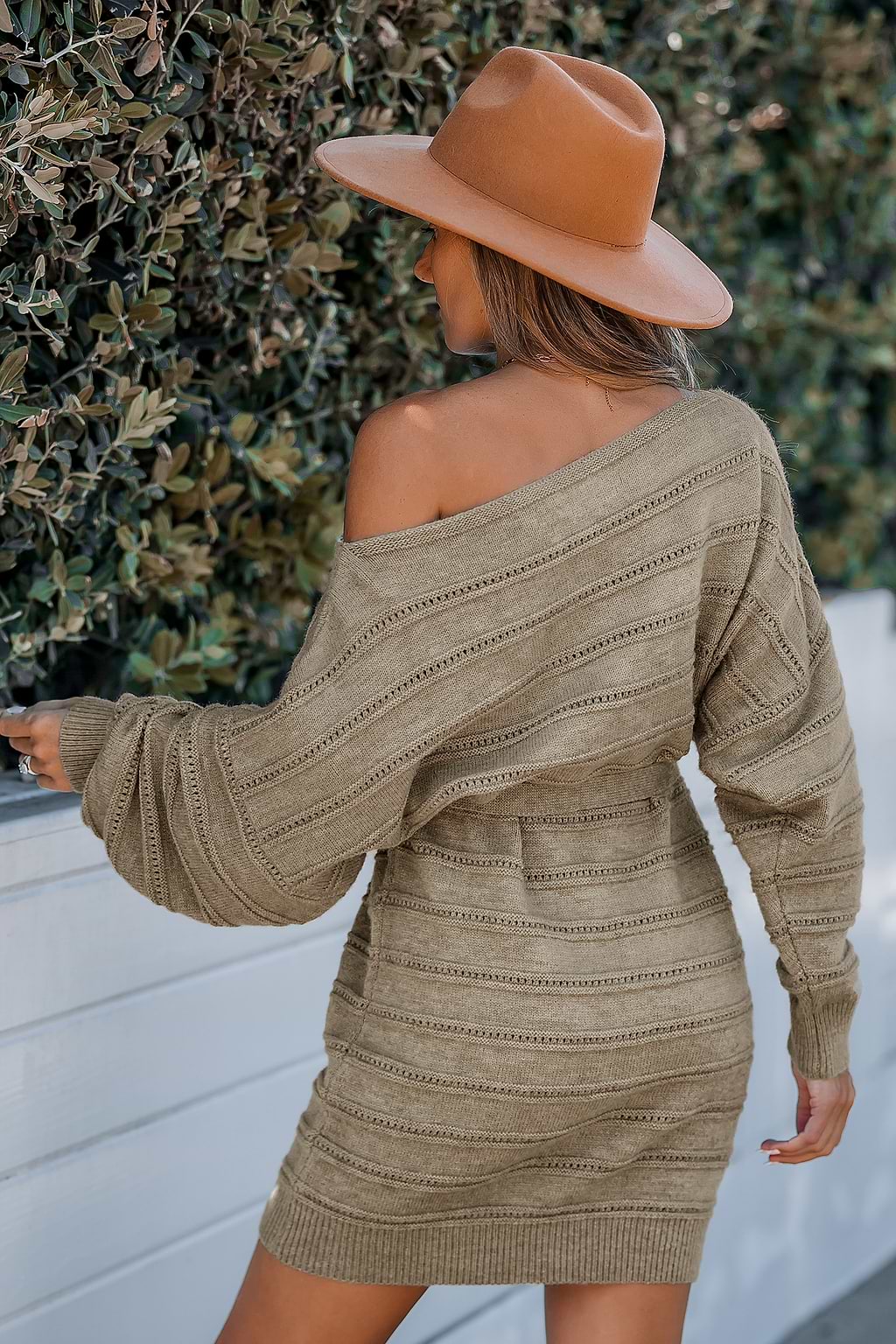 Khaki Belted Dolman Sleeve Sweater Dress