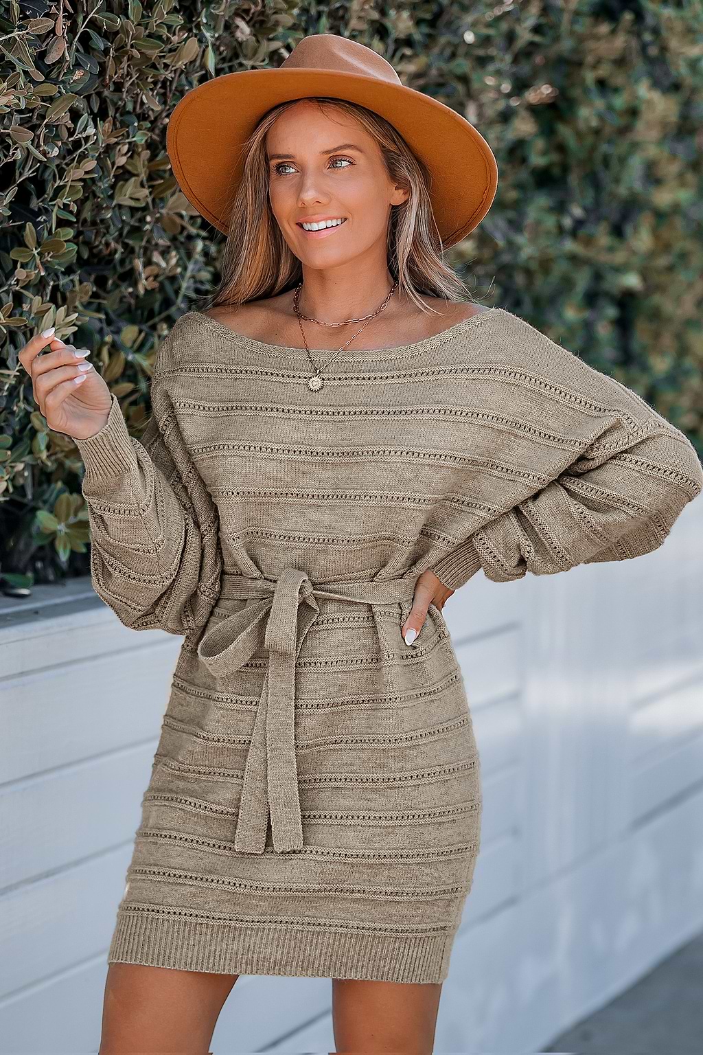 Khaki Belted Dolman Sleeve Sweater Dress