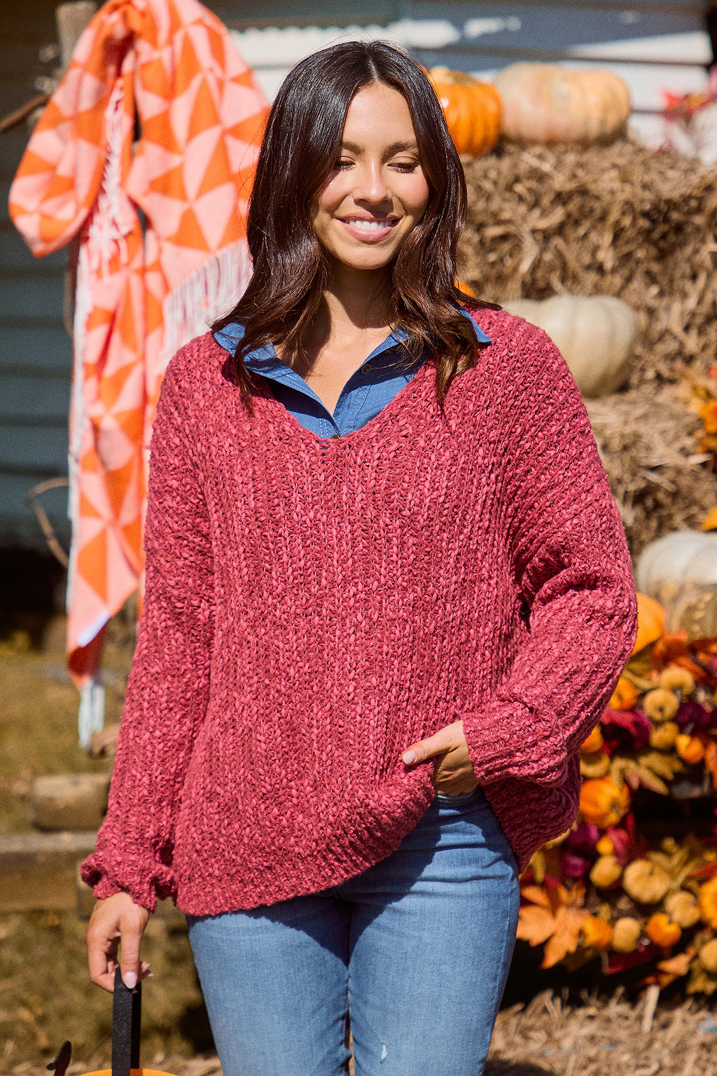 Pull à col en V et manches bouffantes bourgogne