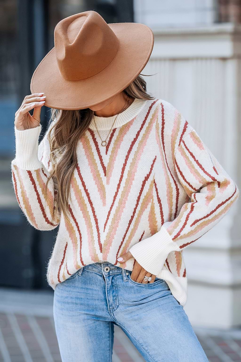 Chevron Drop Shoulder Long Sleeve Sweater