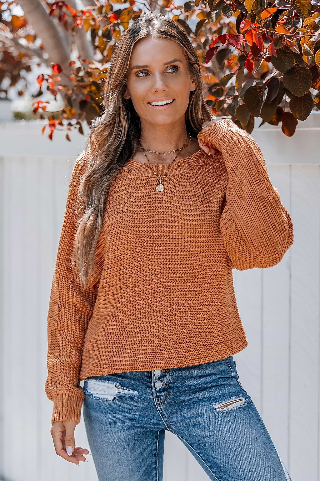 Orange Round Neck Long Sleeve Sweater