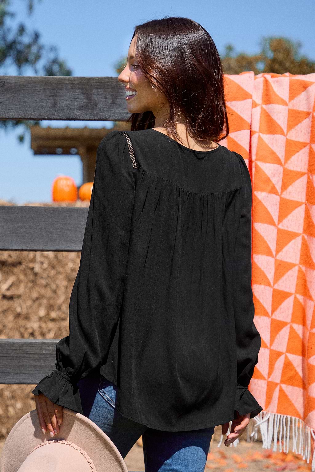 Black Split Neck Blouson Sleeve Top