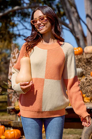 Oranje abrikoos geruite trui met lange mouwen-Cupshe EU - Main Image