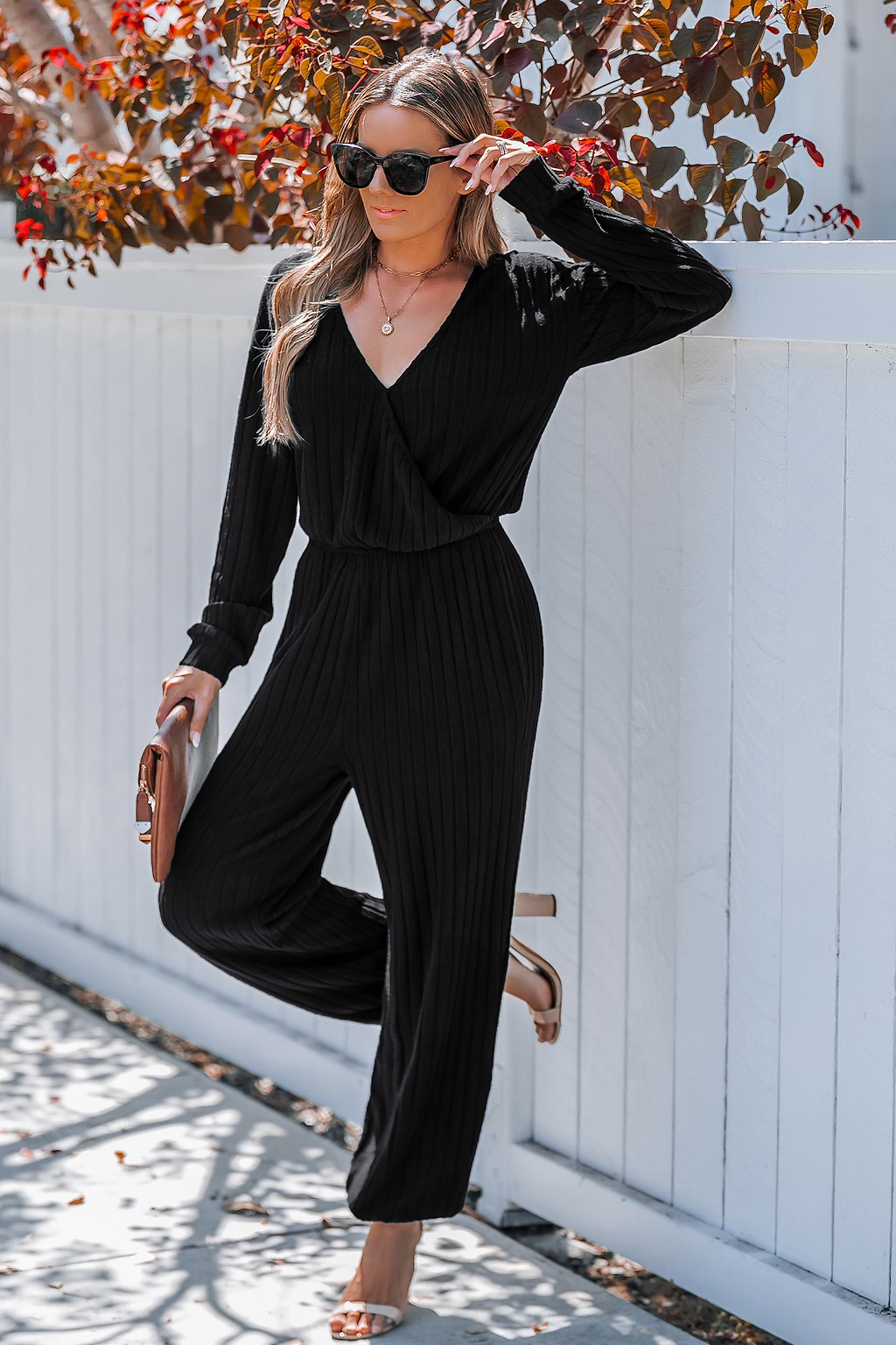 Black Ribbed Knit Long Sleeve Tapered Leg Jumpsuit