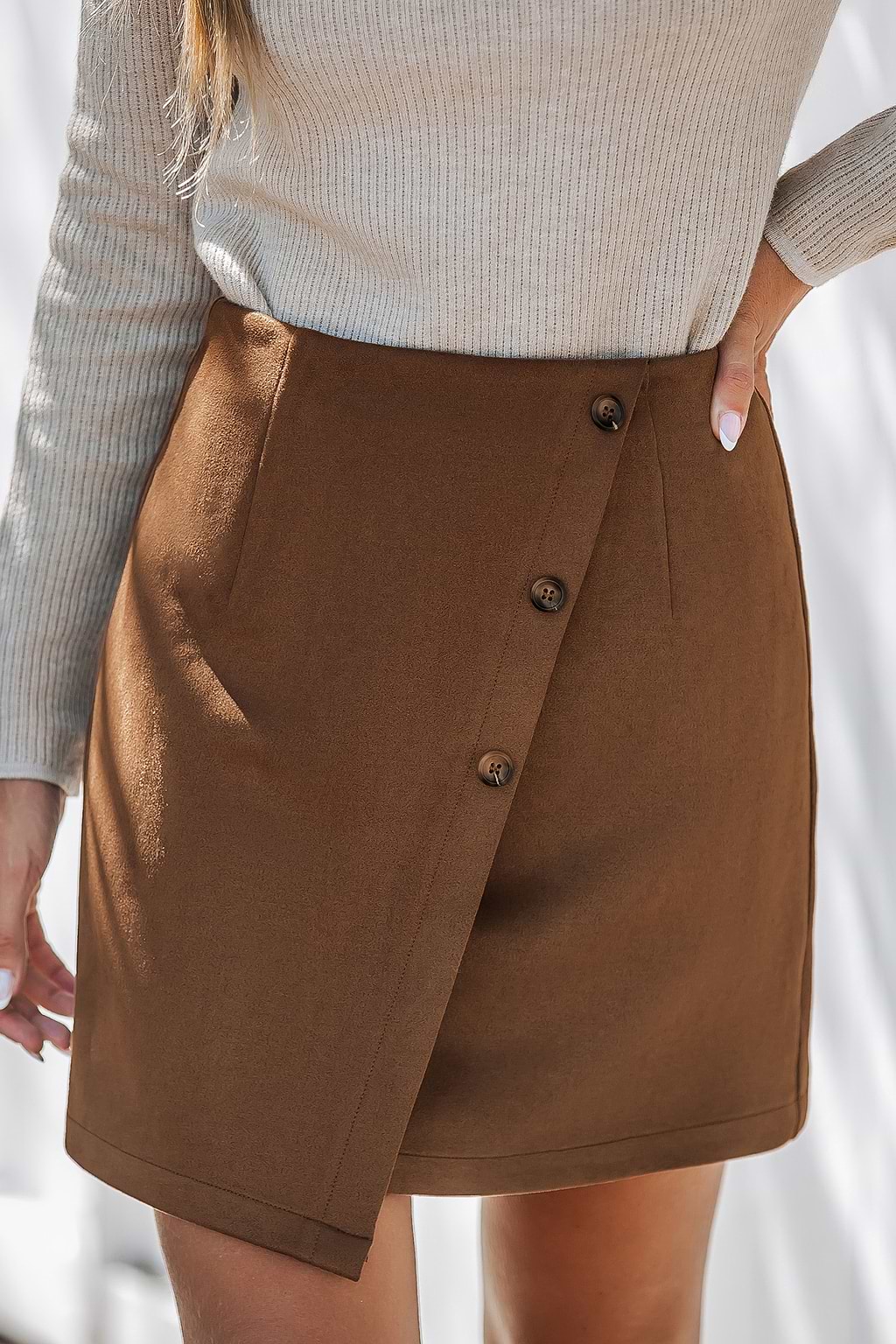 Light Brown Asymmetrical Button Mini Skirt