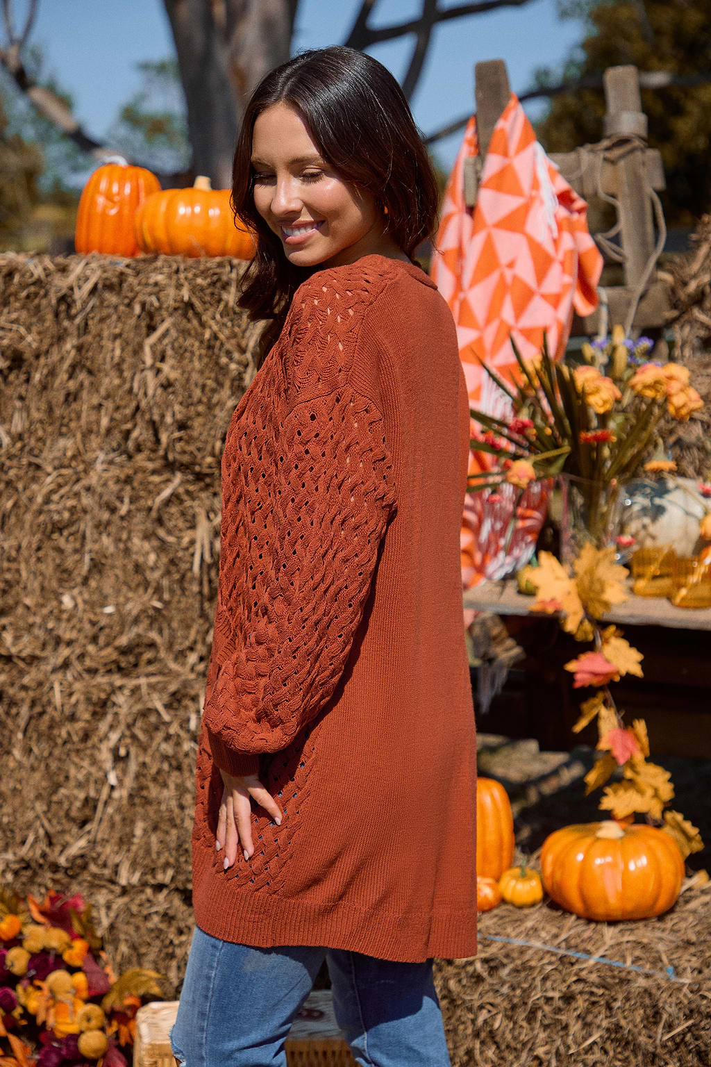 Burnt Orange Open Front Patch Pocket Longline Cardigan