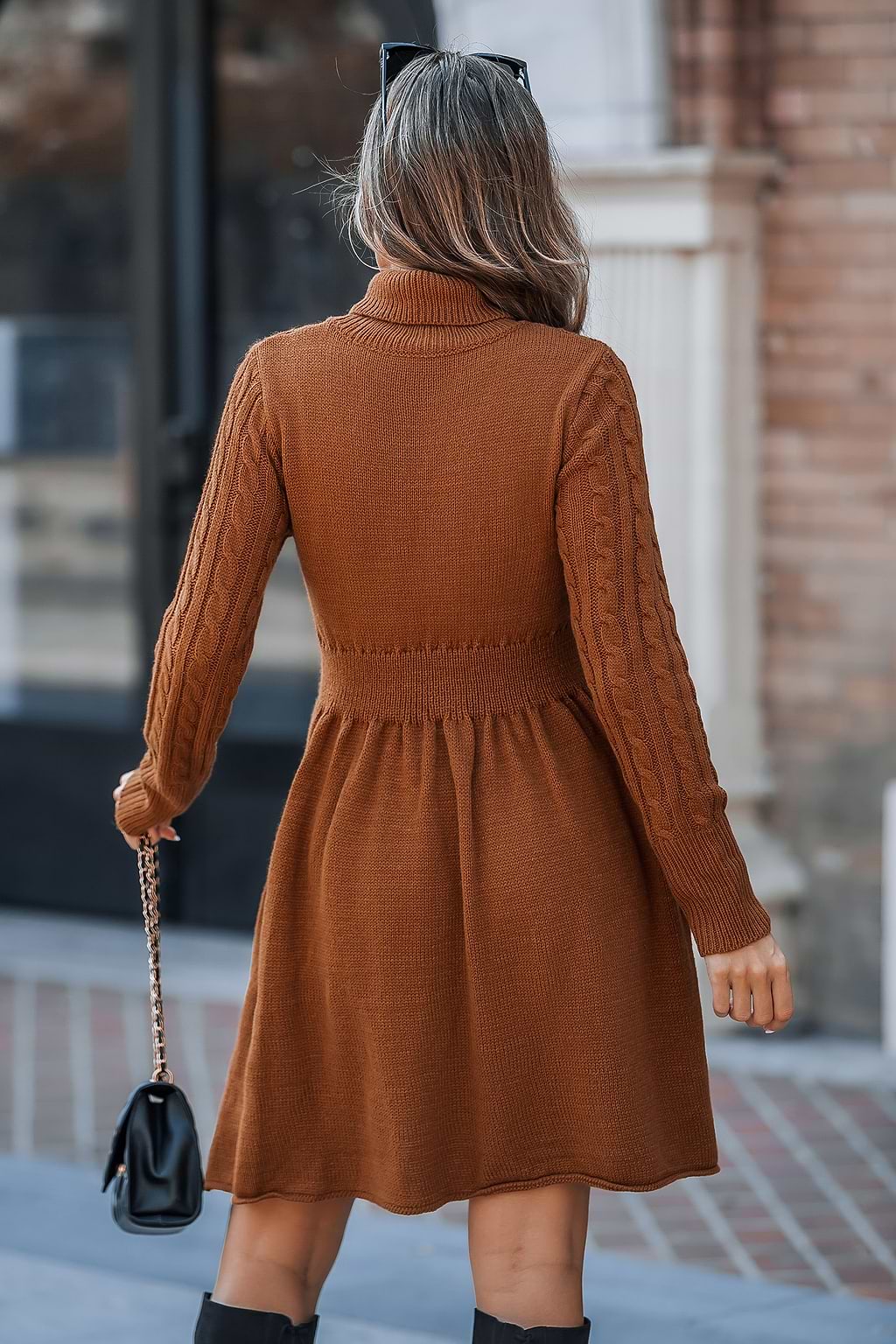 Burnt Orange Cable Knit Mini Sweater Dress