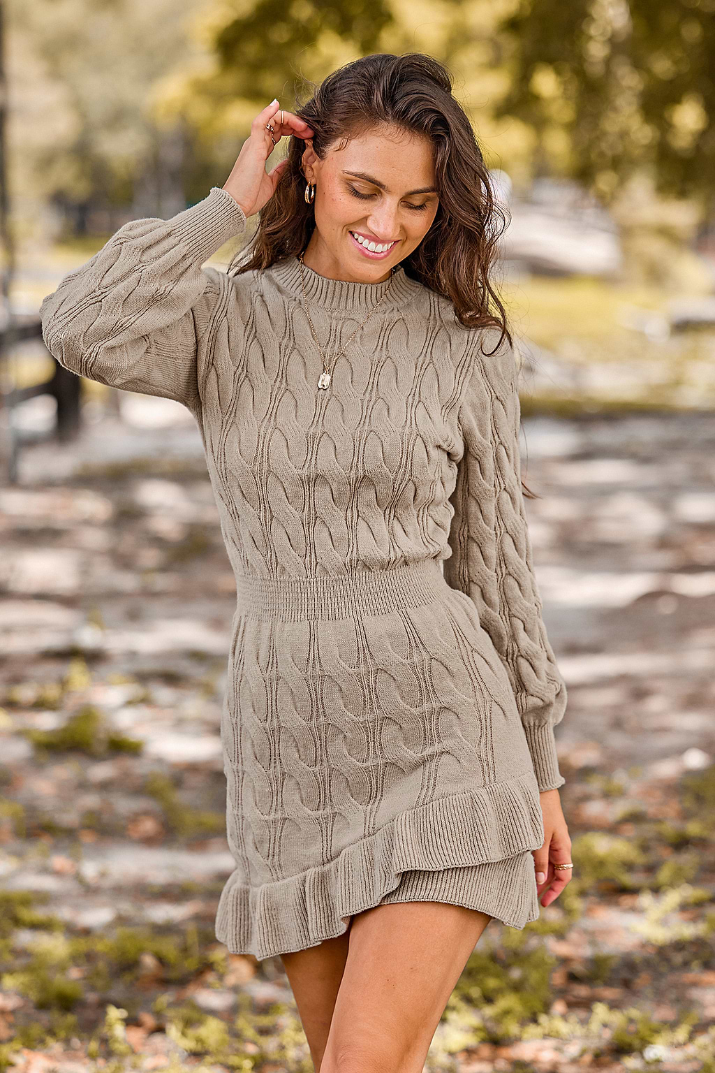 Khaki High Neck Long Sleeve Asymmetrical Hem Mini Sweater Dress