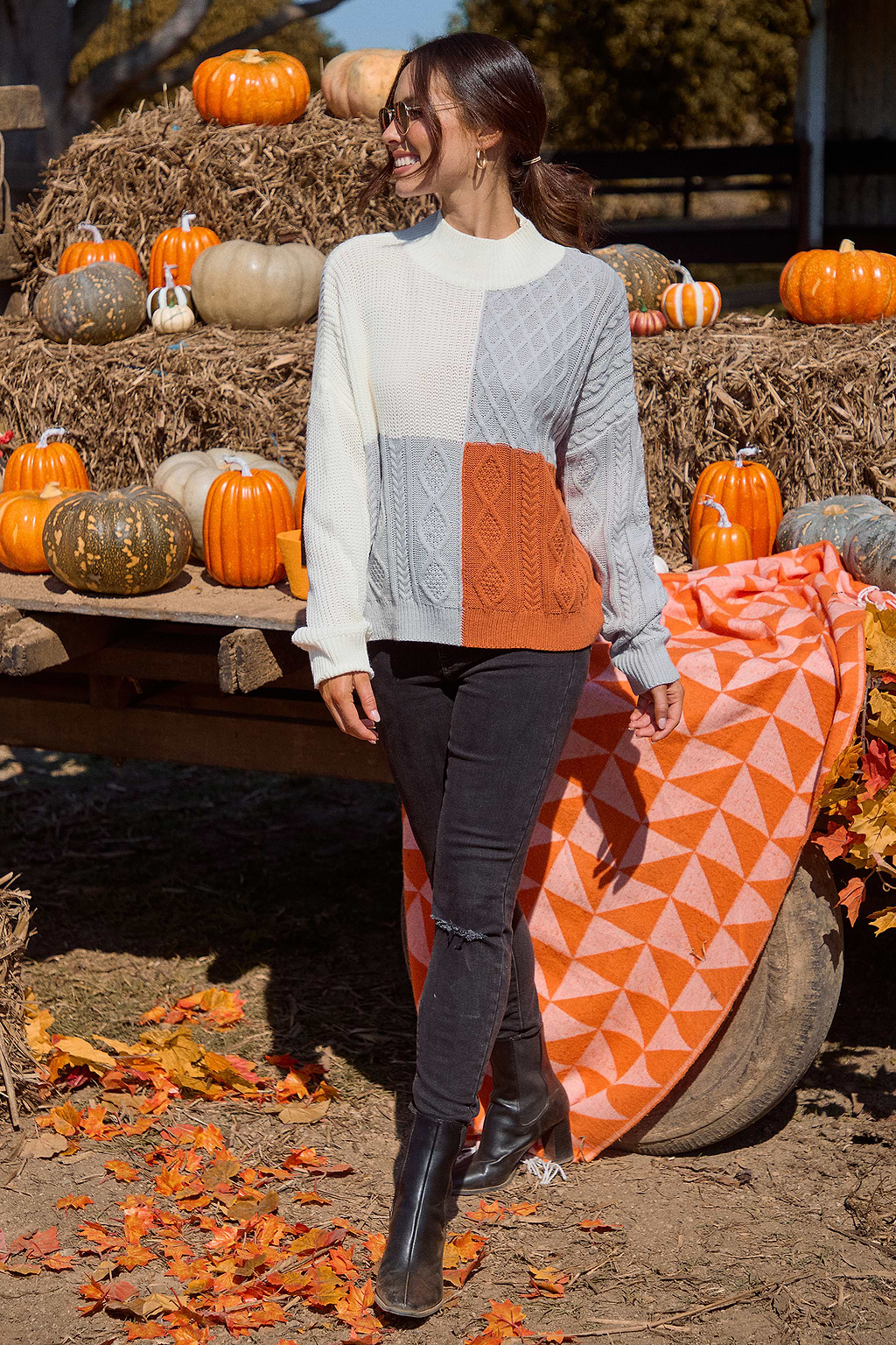 Colorblock Langarm-Rollkragenpullover aus Kabelstrick